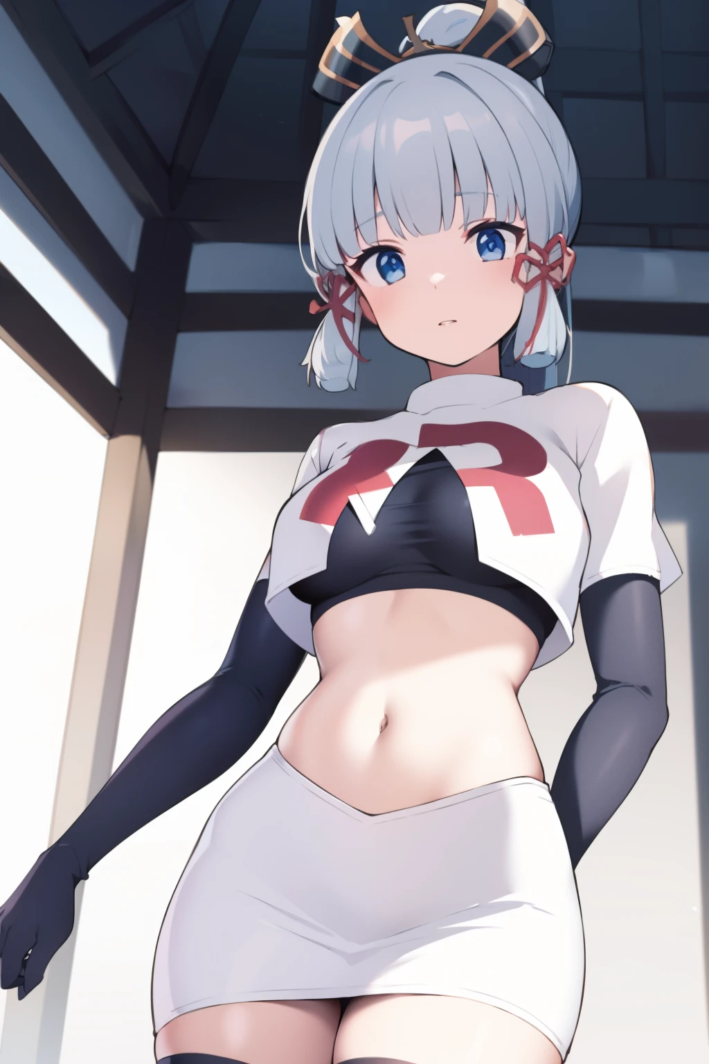 (masterpiece, best quality, ultra-detailed, illustration),genshin impact, kamisato, 1girl,solo,ayaka hair ornament,cowboy shot,ponytail, blunt bangs,blue eyes, eyebrows visible through hair, long hair, silver hair, looking at viewer,medium breasts,team rocket,team rocket uniform,white skirt,crop top,black thigh-highs,black elbow gloves,,
