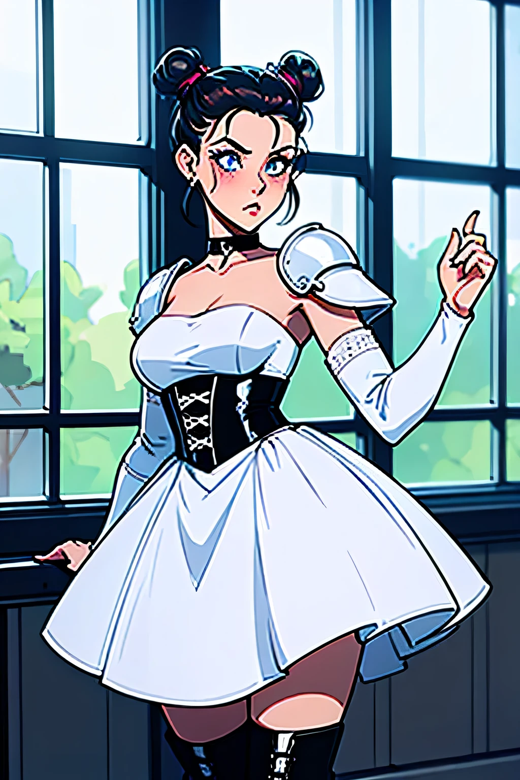 female, full body , 90s inspired double buns hairstyle, blue eyes, , white dress and black corset ASOS DESIGN Kayla heeled thigh high boots in white , black choker, Female knight shoulder armor, medium , blushing, in front of a window