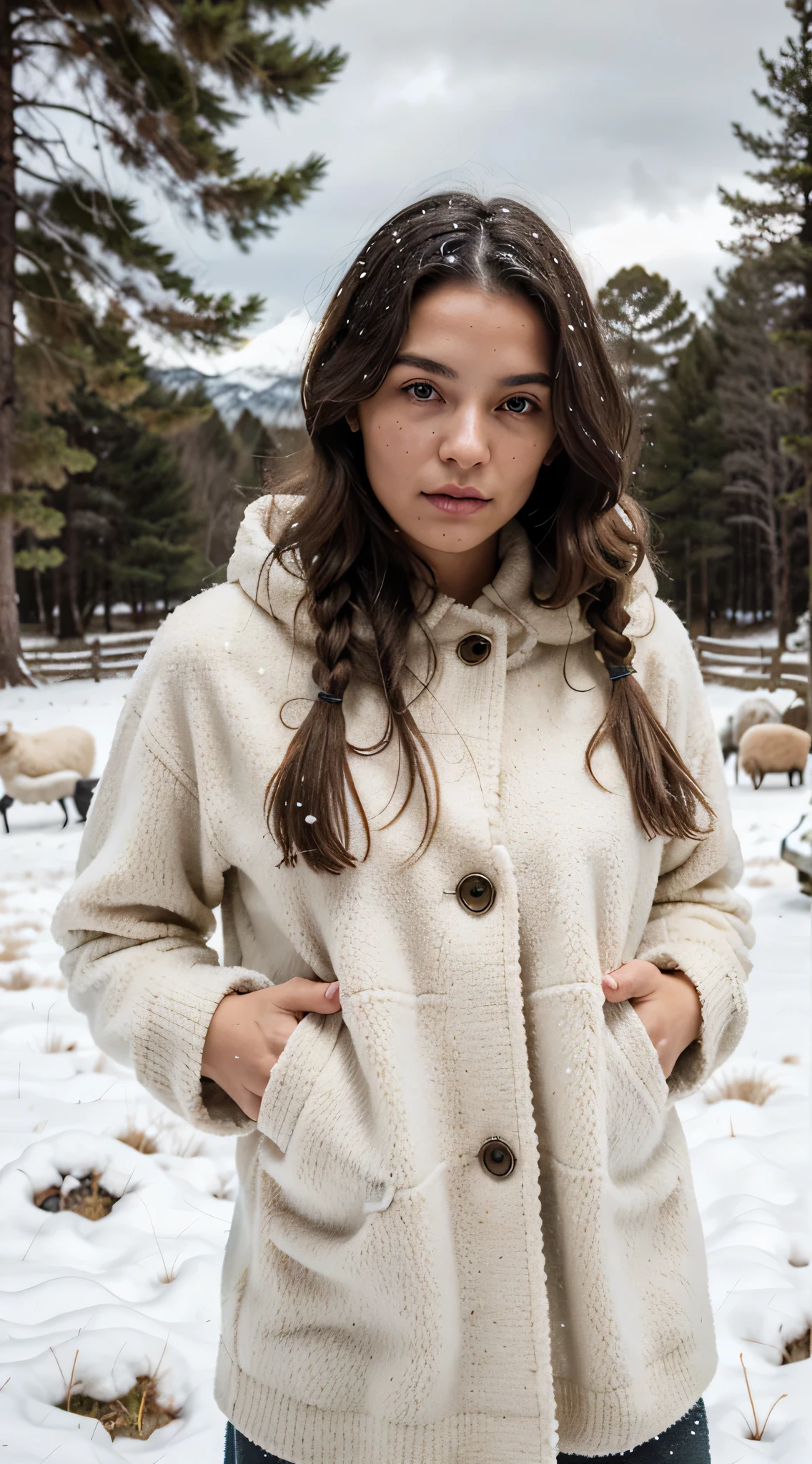 Modelo negro, grueso, Salvaje, rastas gigantes de lana albina-beige. Muy grande, grueso, ropa de oveja de lana beige. surrounded by sheep and large wool trees.. nieve de lana cayendo. Everything is made of sheep's wool.. El modelo coincide con la oveja.. snowy mountain top