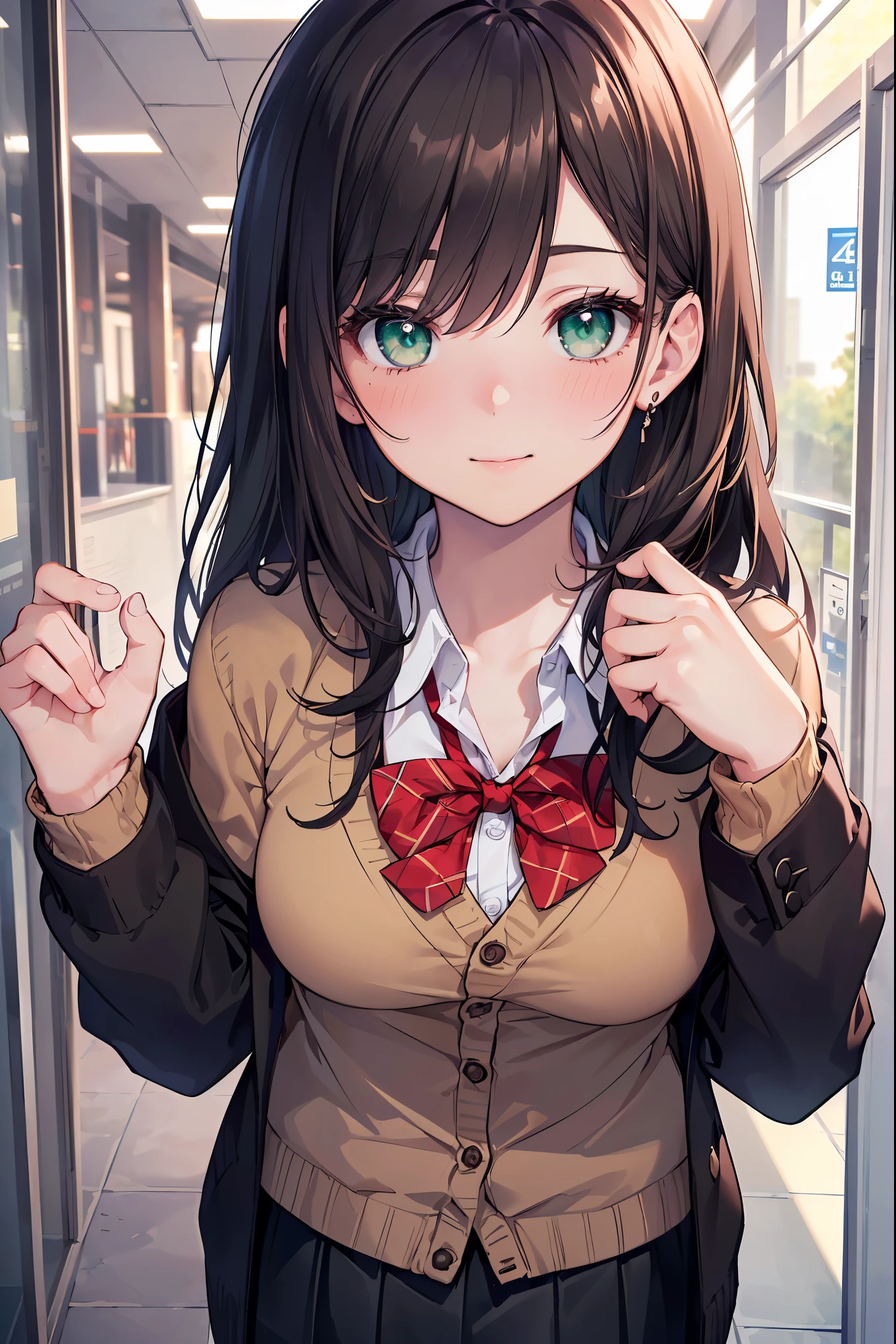 ((masterpiece, best quality, highres, UHD, perfect pixel, depth of field, 4k, RTX, HDR))), 1girl, single, solo, beautiful anime girl, beautiful artstyle, anime character, ((long hair, bangs, brown hair, curly hair:0.5)), ((green eyes:1.4, rounded eyes, beautiful eyelashes, realistic eyes)), ((detailed face, blushing:1.2)), ((smooth texture:0.75, realistic texture:0.65, photorealistic:1.1, anime CG style)), medium breasts, dynamic angle, perfect body, ((portrait, pov)), ((red bowtie, school uniform, black jacket, open jacket, brown cardigan, white shirt, black skirt, plaid skirt)), smile, hands up, amusement park