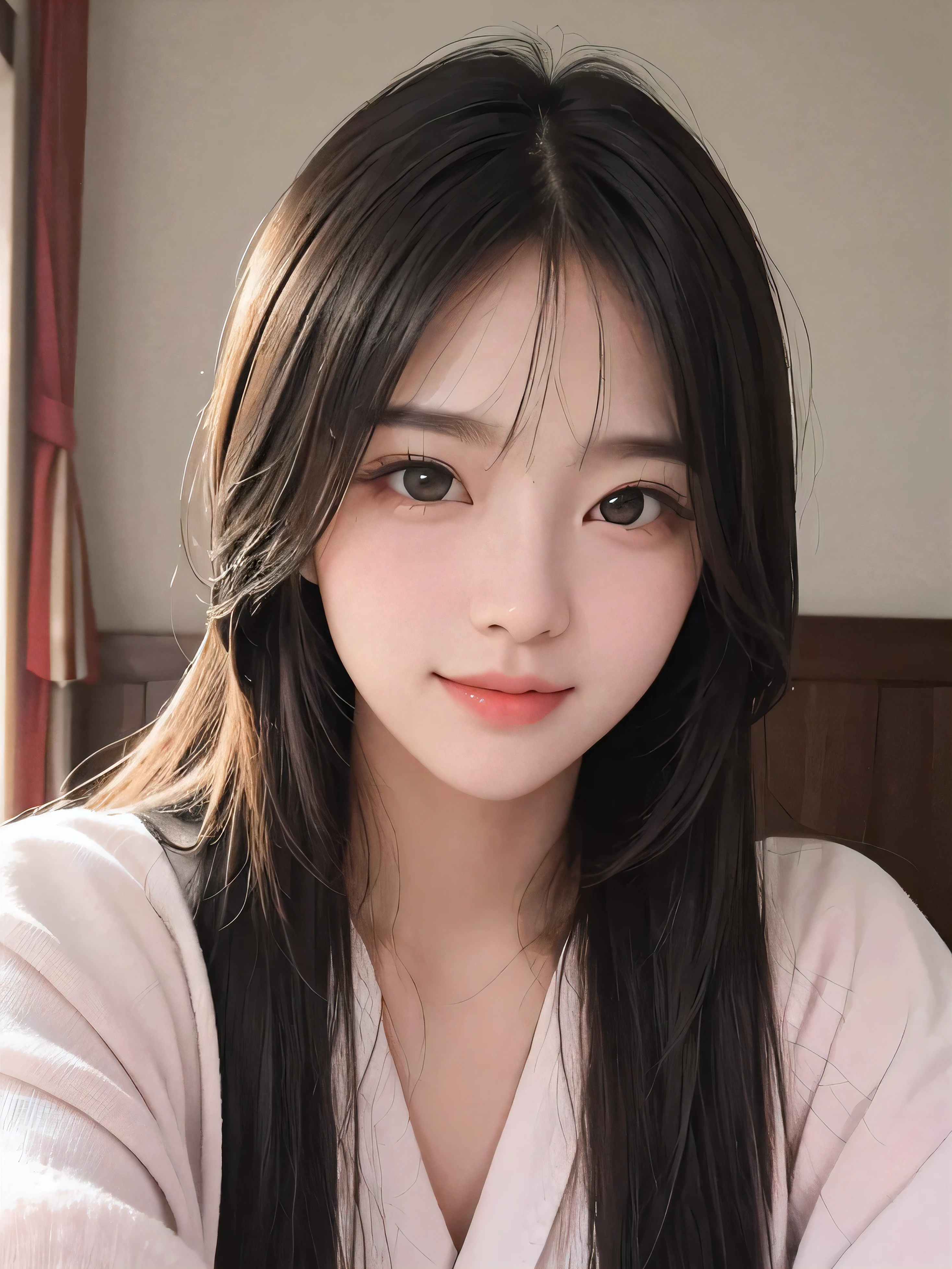 masterpiece、best image quality、high quality、Beautiful woman、Japanese、popular korean makeup、detailed、eye swelling、detailedな目、detailedな皮膚、beautiful skin、超High resolution、very very beautiful、beautiful skin、thin、(surreal)、(enlightenment)、(High resolution)、(8K)、(非常にdetailed)(The best enlightenmentneautifully detailed eyes)、(超detailed)、(detailed顔)、ビューアのdetailedを見る、 detailedな顔、Pure erotic face ace_v1、laughter、realistic pictures、bright lighting、professional lighting、、hair length、、long stylish bangs、１５1 year old girl、clerk、Work clothes、Condescending eyes、Low - Angle