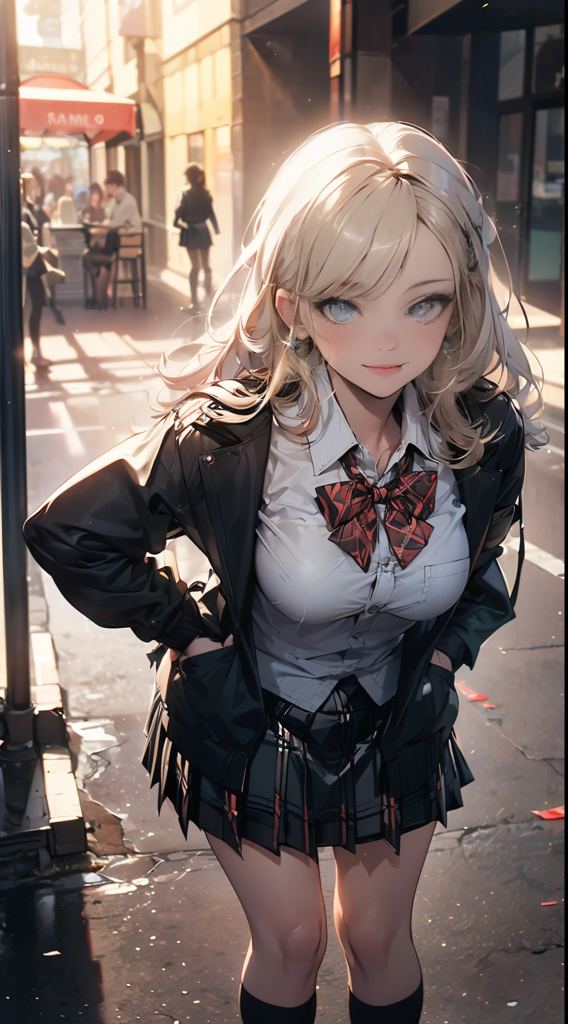 ((masterpiece, highest quality, High resolution, UHD, perfect pixel, Depth of bounds written, 4K, rtx, HDR))), 1 girl, single, alone, beautiful anime girl, beautiful art style, anime character, ((long hair, parted bangs, blonde hair)), (green eyes:1.4, round eyes, beautiful eyelashes, realistic eyes), (detailed face, blush:1.2), (smooth texture:0.75, realistic texture:0.65, realistic:1.1, Anime CG style), ((medium breasts)), dynamic angle, perfect body, (red bow tie, school uniform, black jacket, open jacket, Brown cardigan, white shirt), ((black skirt:1.5, plaid skirt)), ((smile)), ((leaning forward, put your hands behind your back)), amusement park、