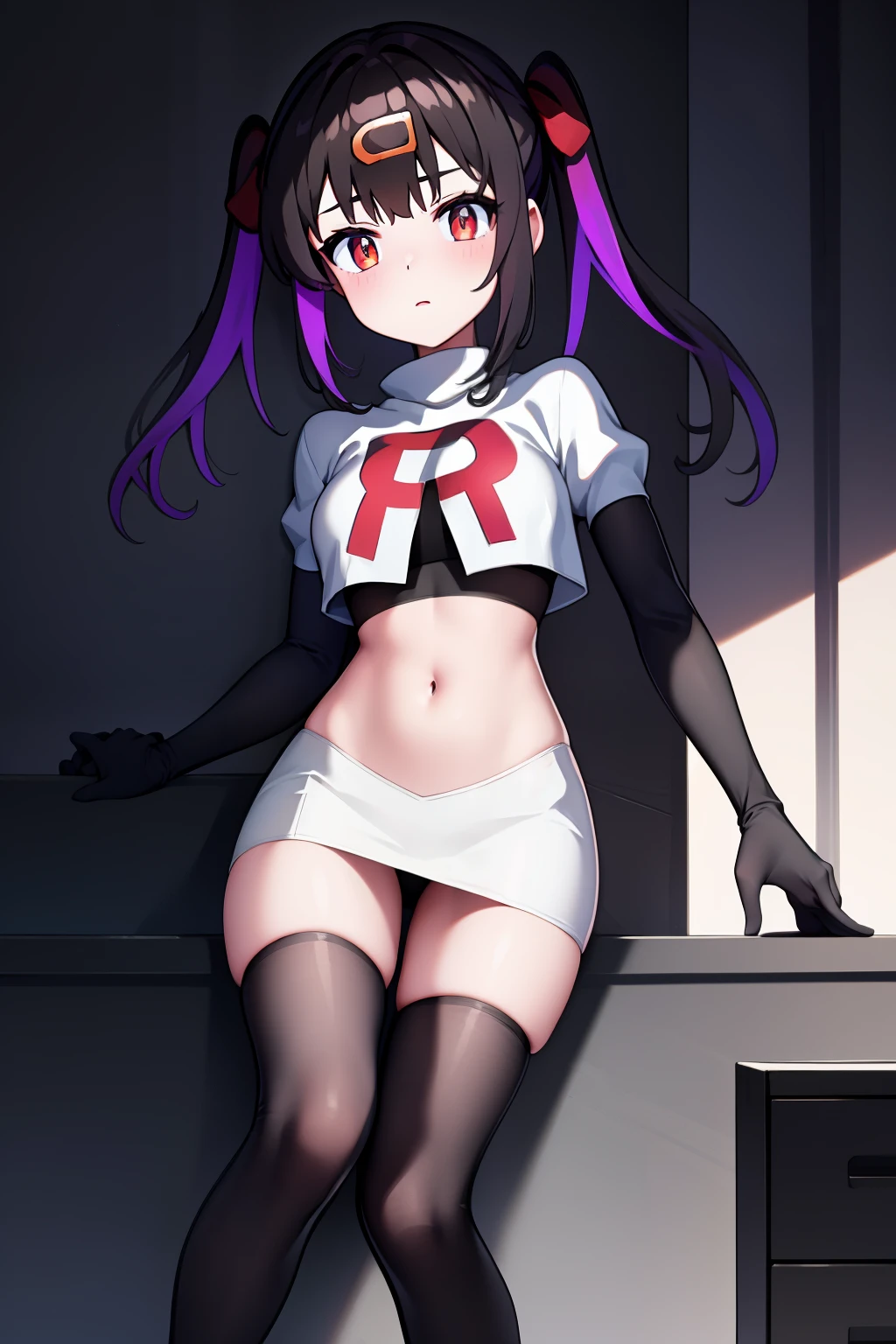 mihari_olis, 1girl, solo, red shirt, team rocket,team rocket uniform,white skirt,crop top,black thigh-highs,black elbow gloves