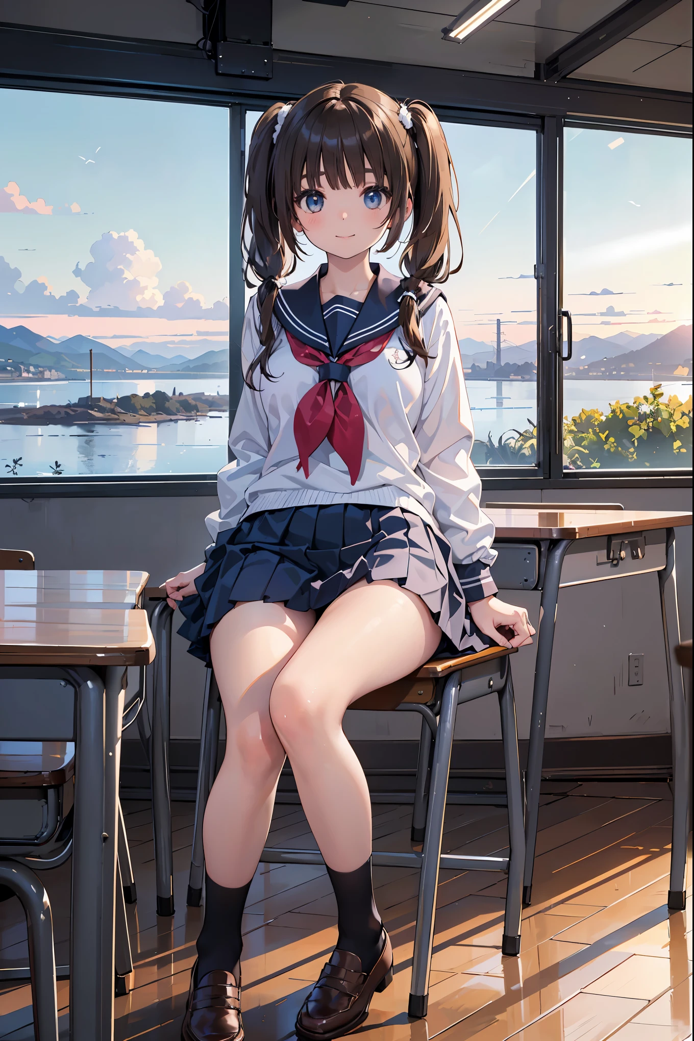 (masterpiece:1.2, top-quality), (realistic, photorealistic:1.4), beautiful illustration,
looking at viewer, cowboy shot, front view:0.8,
1 girl, japanese, high school girl, (long hair:1.4), light brown hair, (twin tail:1.7), large breasts:0.8, white skin
beautiful hair, beautiful face, beautiful detailed eyes, beautiful clavicle, beautiful body, beautiful chest, beautiful thigh, beautiful legs, beautiful detailed fingers,
(beautiful scenery), , classroom, desks, chairs,
((cute school uniform, long sleeves, pleated skirt, sailor collar, scarf)), white panties, shoes,
sitting, sit in a chair,
smile, peace sign,