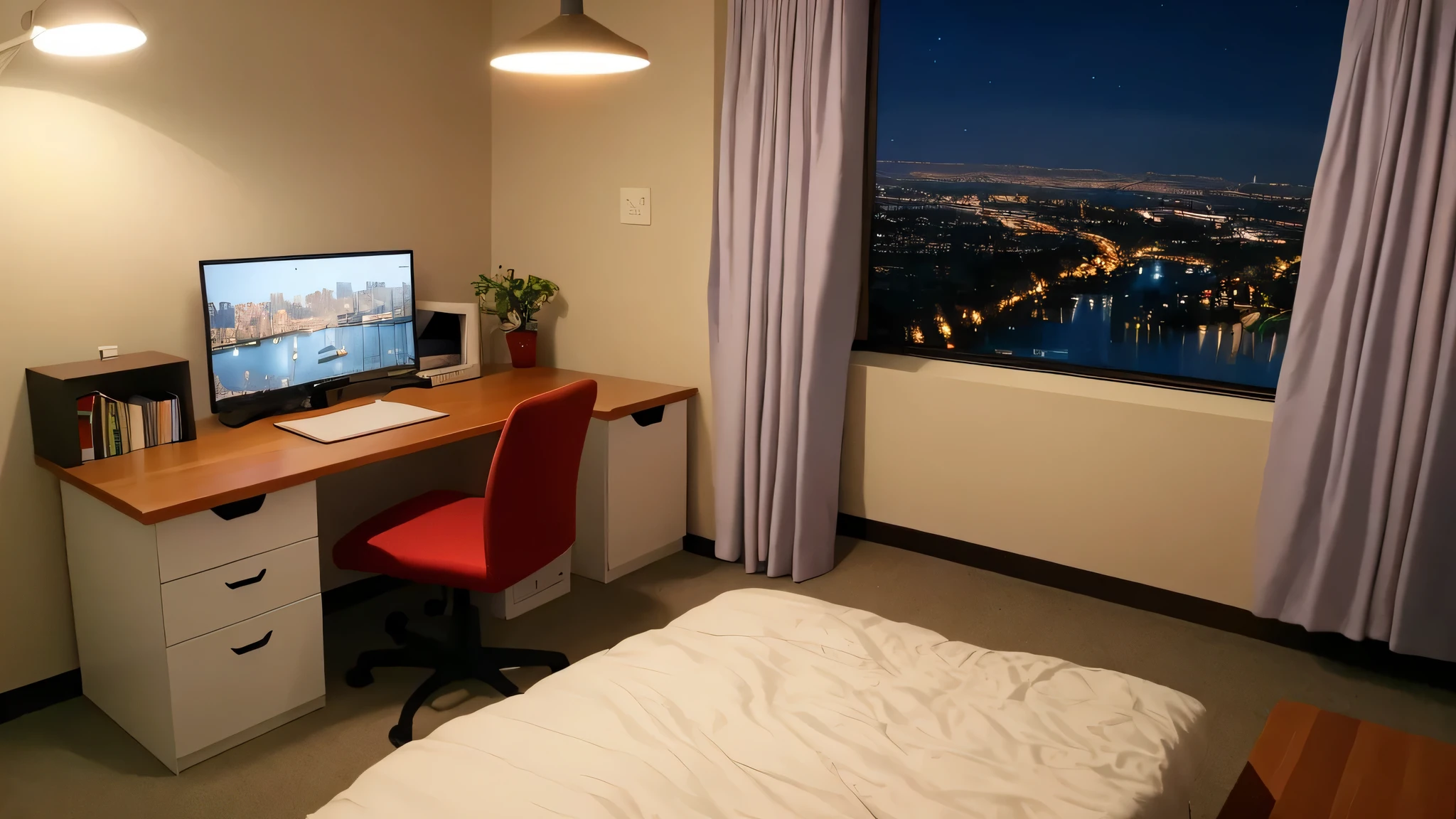 um quarto aconchegante com uma cama e uma mesa de estudo com monitor de PC, uma parede com uma janela com vista noturna da cidade