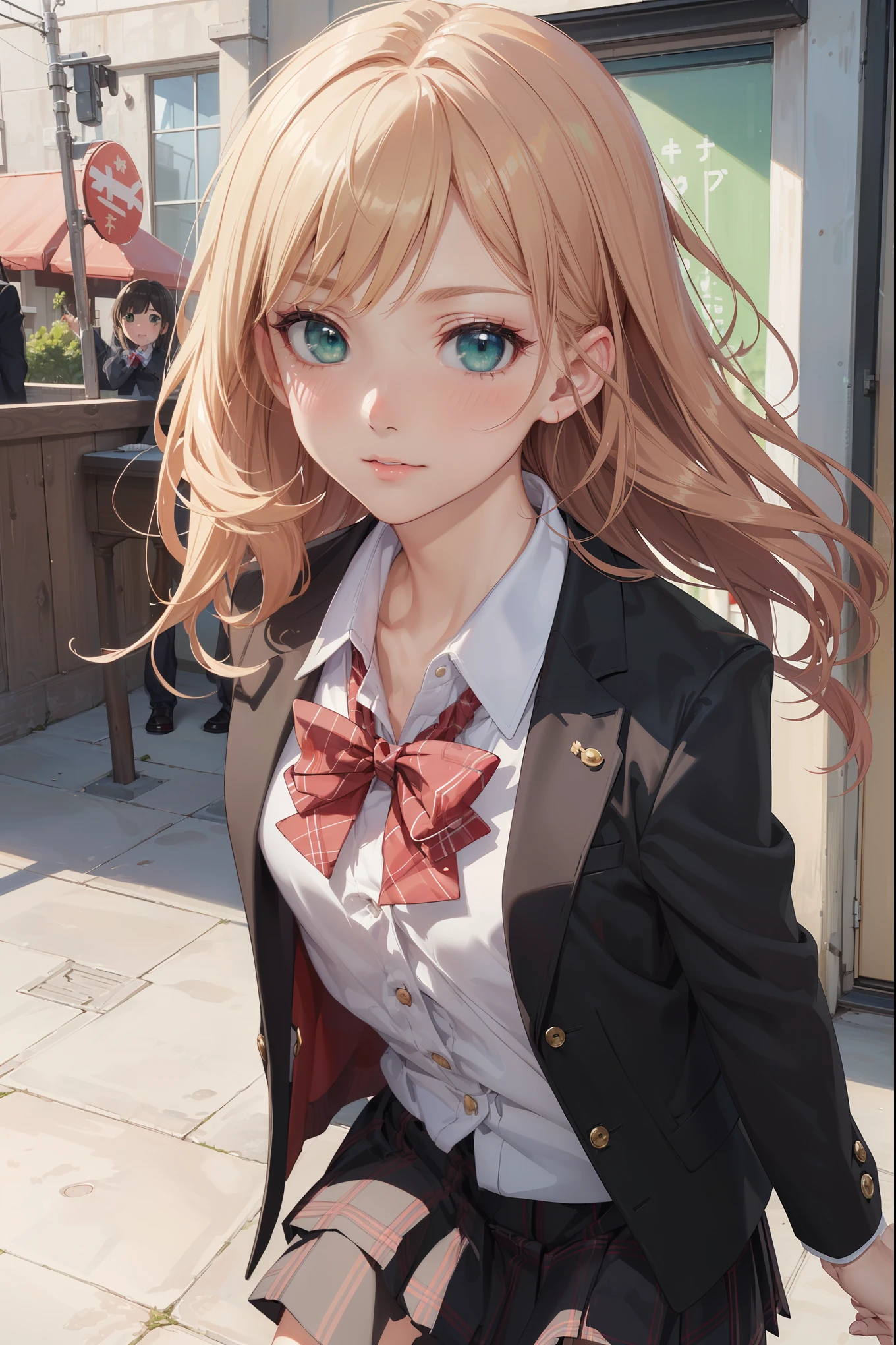 ((Masterpiece, Top Quality, High Resolution, UHD, Perfect Pixel, Depth of Field, 8k, RTX, HDR)), 1 Girl, Single, Solo, Beautiful Anime Girl, Beautiful Art Style, Last Boss Anime Character, ((Long Hair, Bangs, Brown Hair, Curly Hair: 0.5)), ((Green Eyes: 1.4, Round eyes, Beautiful eyelashes, Realistic eyes))), ((Detailed face, Blush: 1.2))), ((Smooth texture: 0.75, Realistic texture: 0.65, Photorealistic: 1.1, Anime CG style)), Dynamic angles, Perfect body, ((Portrait, Hamedori)), ((Red Bow Tie, School Uniform, Black Jacket, Open Jacket, Brown Cardigan, White Shirt, Black Skirt, Plaid Skirt))), Ridicule, Mocking, Tiny, Small Last Boss, Cute, Crazy Cute Last Boss