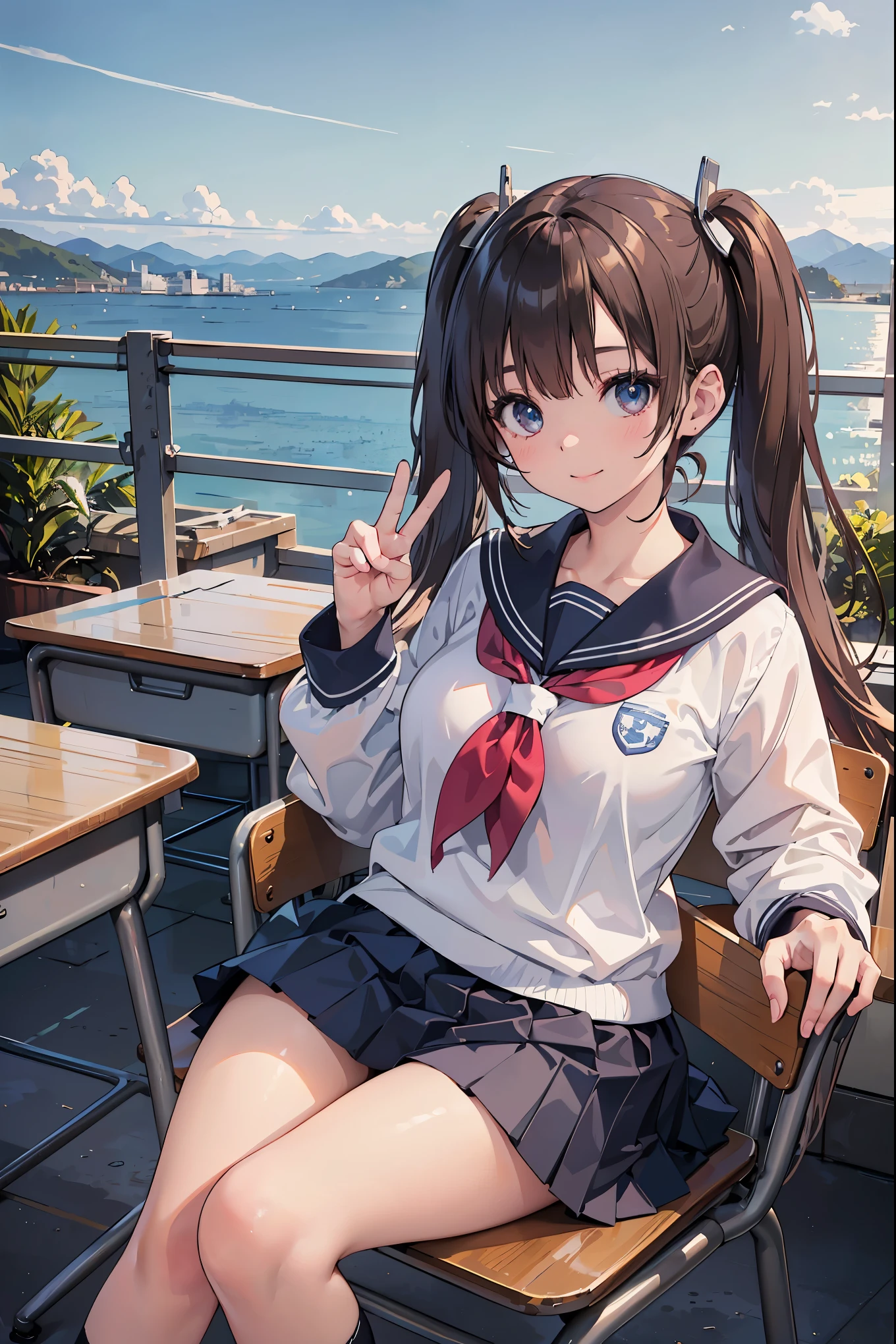 (masterpiece:1.2, top-quality), (realistic, photorealistic:1.4), beautiful illustration, 
looking at viewer, cowboy shot, front view:0.8, 
1 girl, japanese, high school girl, (long hair:1.4), light brown hair, (twin tail:1.7), large breasts:0.8, white skin
beautiful hair, beautiful face, beautiful detailed eyes, beautiful clavicle, beautiful body, beautiful chest, beautiful thigh, beautiful legs, beautiful detailed fingers, 
(beautiful scenery), , classroom, desks, chairs, 
((cute school uniform, long sleeves, pleated skirt, sailor collar, scarf)), white panties, shoes, 
sitting, sit in a chair, 
smile, peace sign,