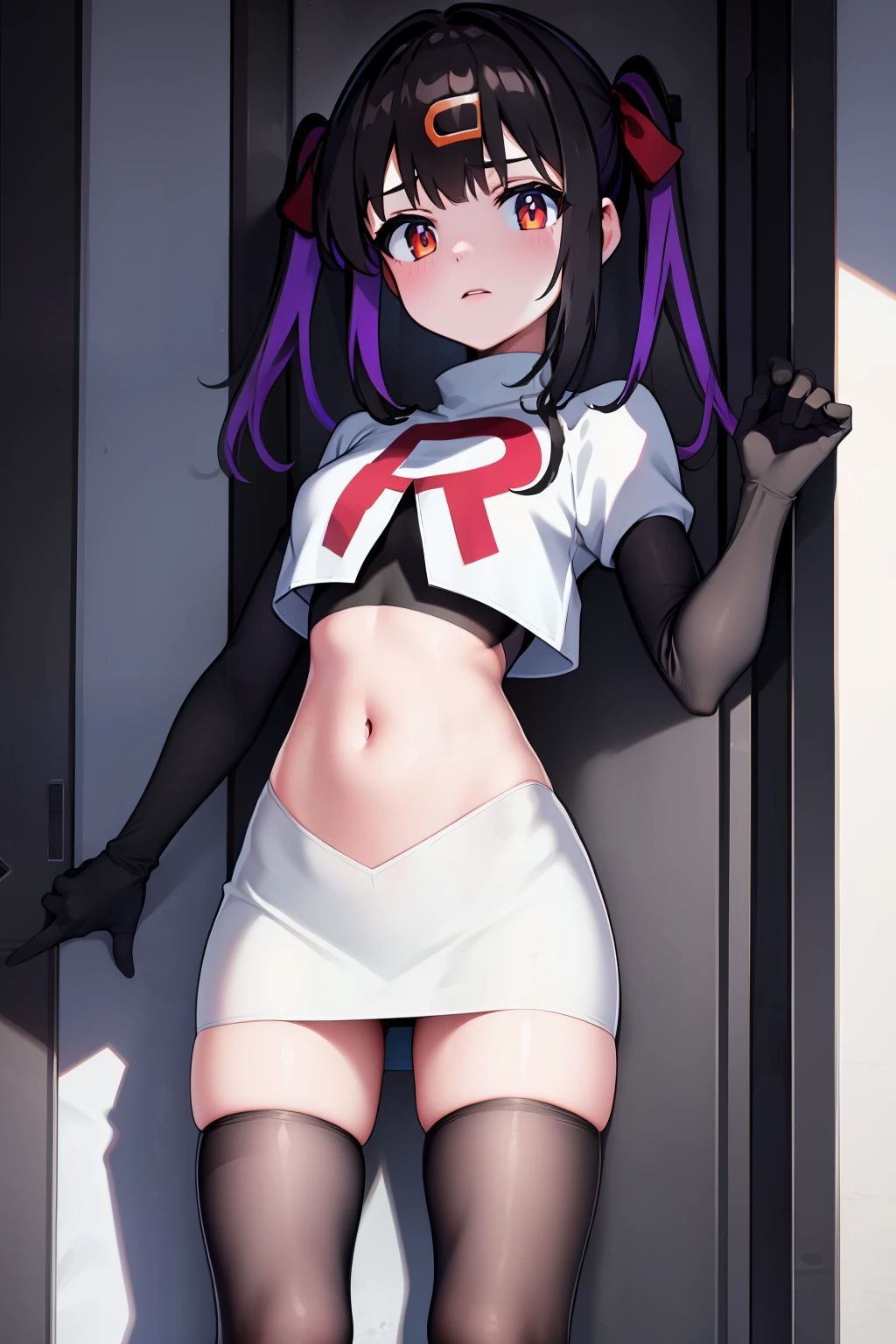 mihari_olis, 1girl, solo, red shirt, team rocket,team rocket uniform,white skirt,crop top,black thigh-highs,black elbow gloves