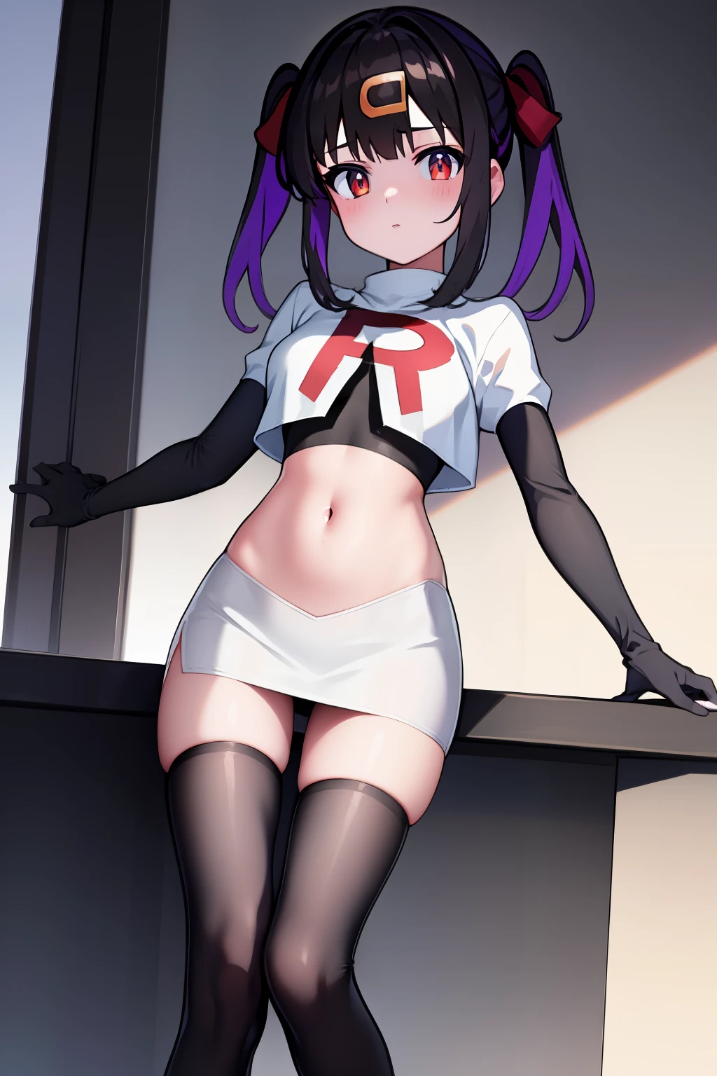 mihari_olis, 1girl, solo, red shirt, team rocket,team rocket uniform,white skirt,crop top,black thigh-highs,black elbow gloves