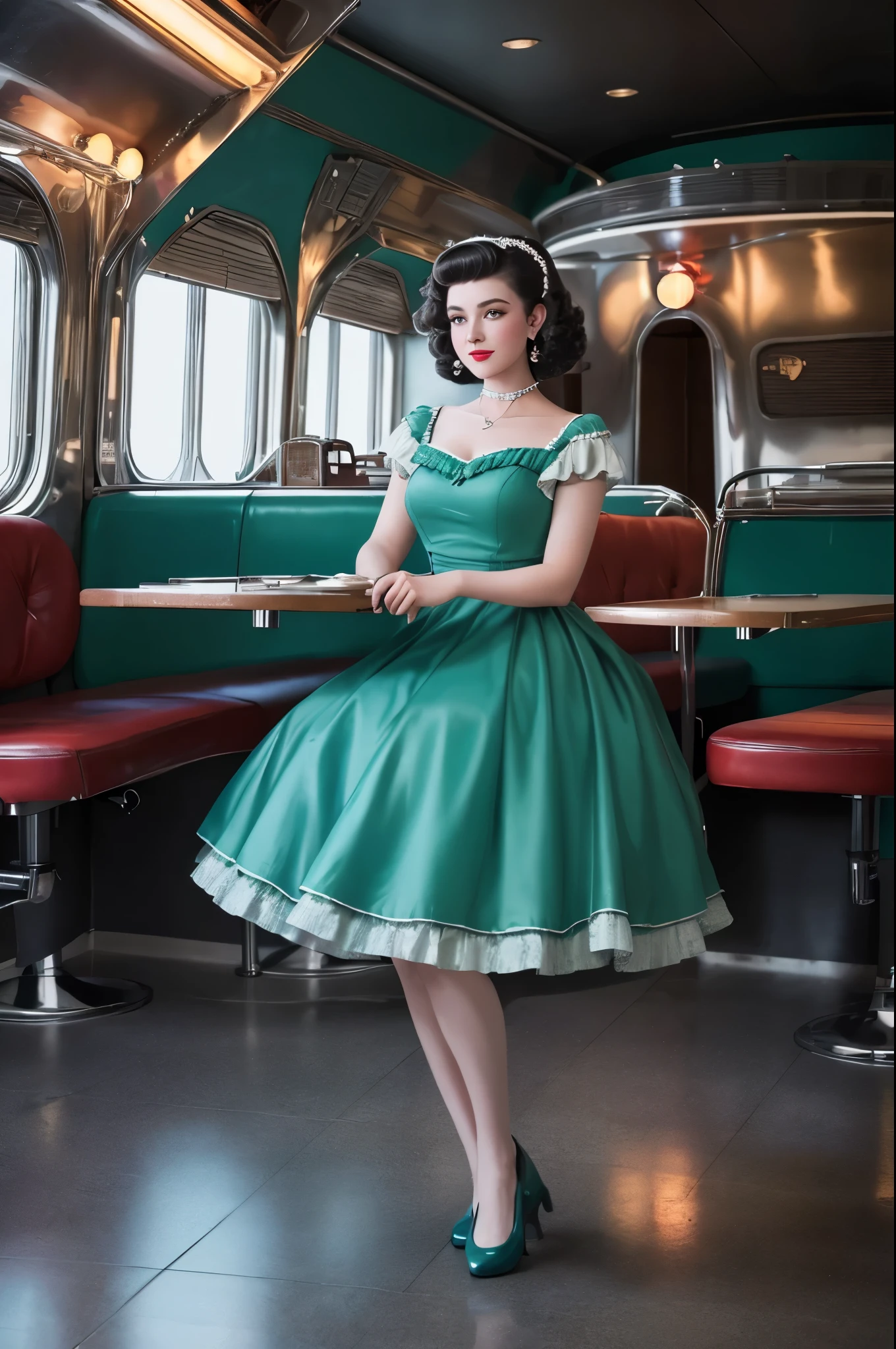 1girl dressed in a 1950s-inspired dress, complete with a full skirt and petticoat, her hair styled in classic pin curls. She should be seated at an old-fashioned diner, surrounded by vintage details like a jukebox, chrome accents, and neon signs. Her eyes should be sparkling with excitement, her skin flawless and glowing under the soft, dramatic lighting. (full body:1.5), photorealistic, 8k, This scene should be captured on 35mm film, with a beautiful depth of field and a slightly blurry, nostalgic background, filmg,