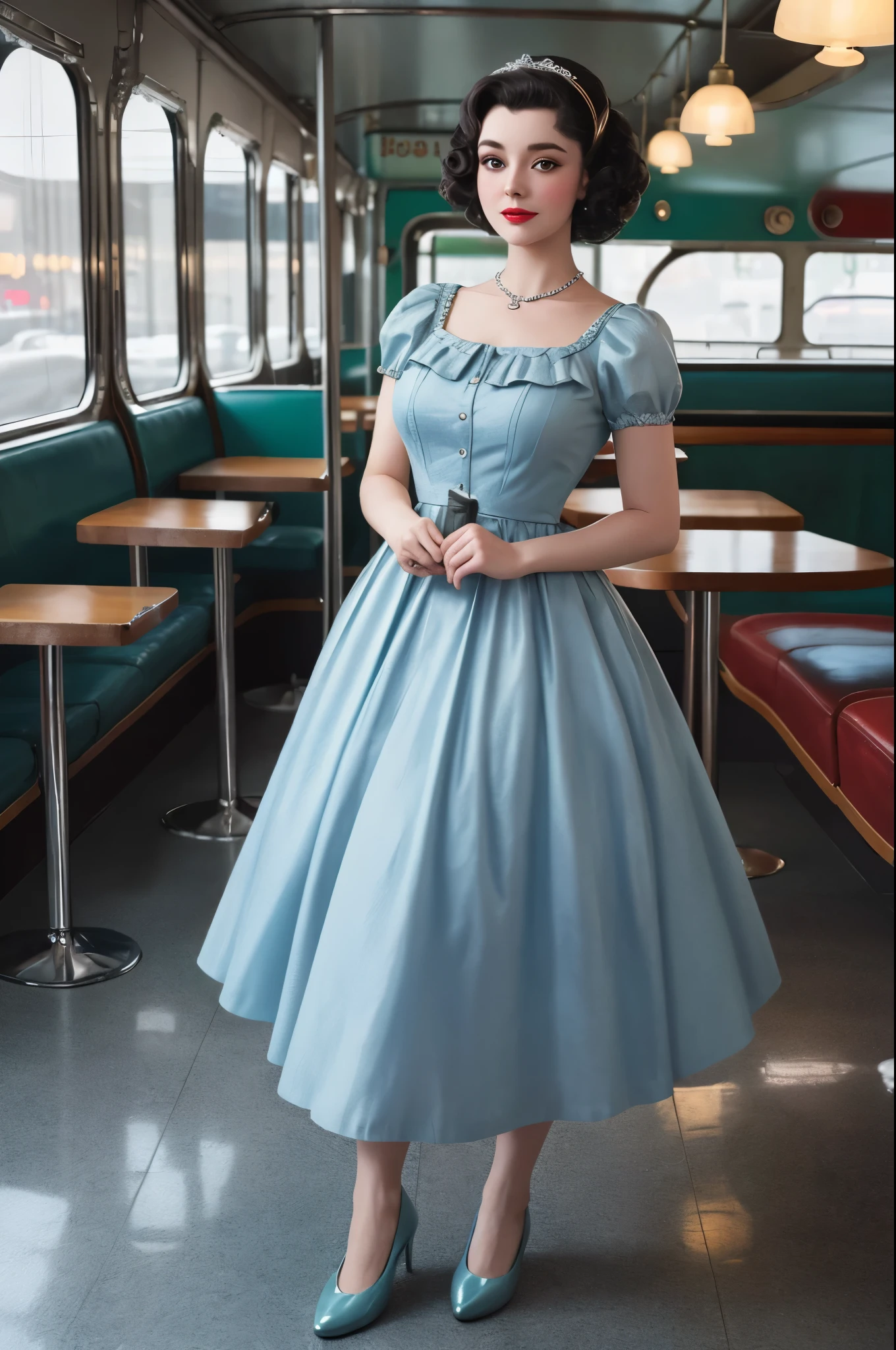 1girl dressed in a 1950s-inspired dress, complete with a full skirt and petticoat, her hair styled in classic pin curls. She should be seated at an old-fashioned diner, surrounded by vintage details like a jukebox, chrome accents, and neon signs. Her eyes should be sparkling with excitement, her skin flawless and glowing under the soft, dramatic lighting. (full body:1.5), photorealistic, 8k, This scene should be captured on 35mm film, with a beautiful depth of field and a slightly blurry, nostalgic background, filmg,