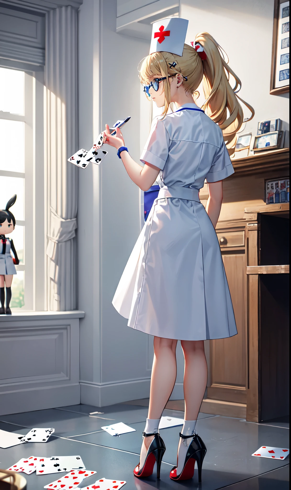 hospital background,Playing card decoration,Long light blonde hair,Standing close-up,dream world,Sister nurse,(glasses),High ponytail,Messy hair,Elongated danphoenix eyes,(white nurse,Handheld dolls,Bunny doll:2.0),Background of poker decoration,(A ward filled with poker:1.9),Gentle and sickly nurse sister,white stockings,High heel,Detailedly drawn backgrounds