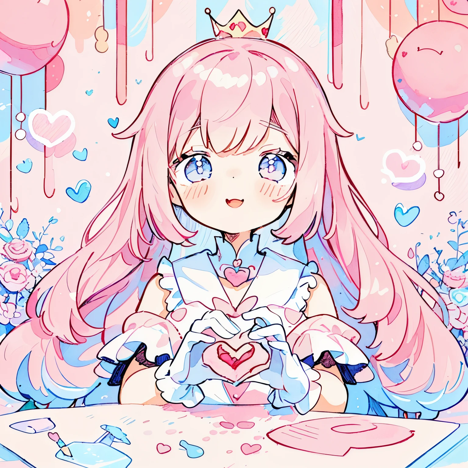 (Pastel Color: 1.5), (Cute Illustration: 1.5),  one girl, White and red wavy hair, dumpling hair, hair in one piece, beautiful hair, cute composition, depth of boundaries, beautiful soft illustration, watercolor style, light red hair, heart many hearts fluffy smile Queen of Hearts Lace Gloves Red Frill Dress Volume One Piece Queen's majesty Red and Pink