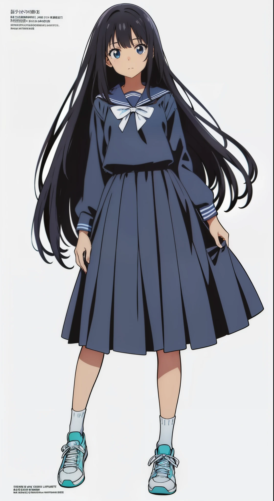 (white background:1.0), (anime:1.0), (official art:1.0), (best quality:1.0), (masterpiece:1.0), (full body:1.0), (solo:1.0), (a 15yo cute girl:1.0), (long skirt:1.3), (dark blue skirt:1.0), (pleated skirt:1.2), (dark blue sailor uniform:1.0), (long sleeve sailor uniform:1.2), (sneakers:1.0), (white socks:1.2), (ideal ratio body proportions:1.2), (lanky:1.2), (tall:1.2), (slender:1.2), (small breasts:1.2), (smaller face:1.2), (tareme:1.5), (detailed beautiful eyes:1.0), (detailed beautiful face:1.0), (glowing black eyes:1.0), (medium hair:0.5), (black hair:1.0), (standing:1.0), (looking at viewer:1.0)