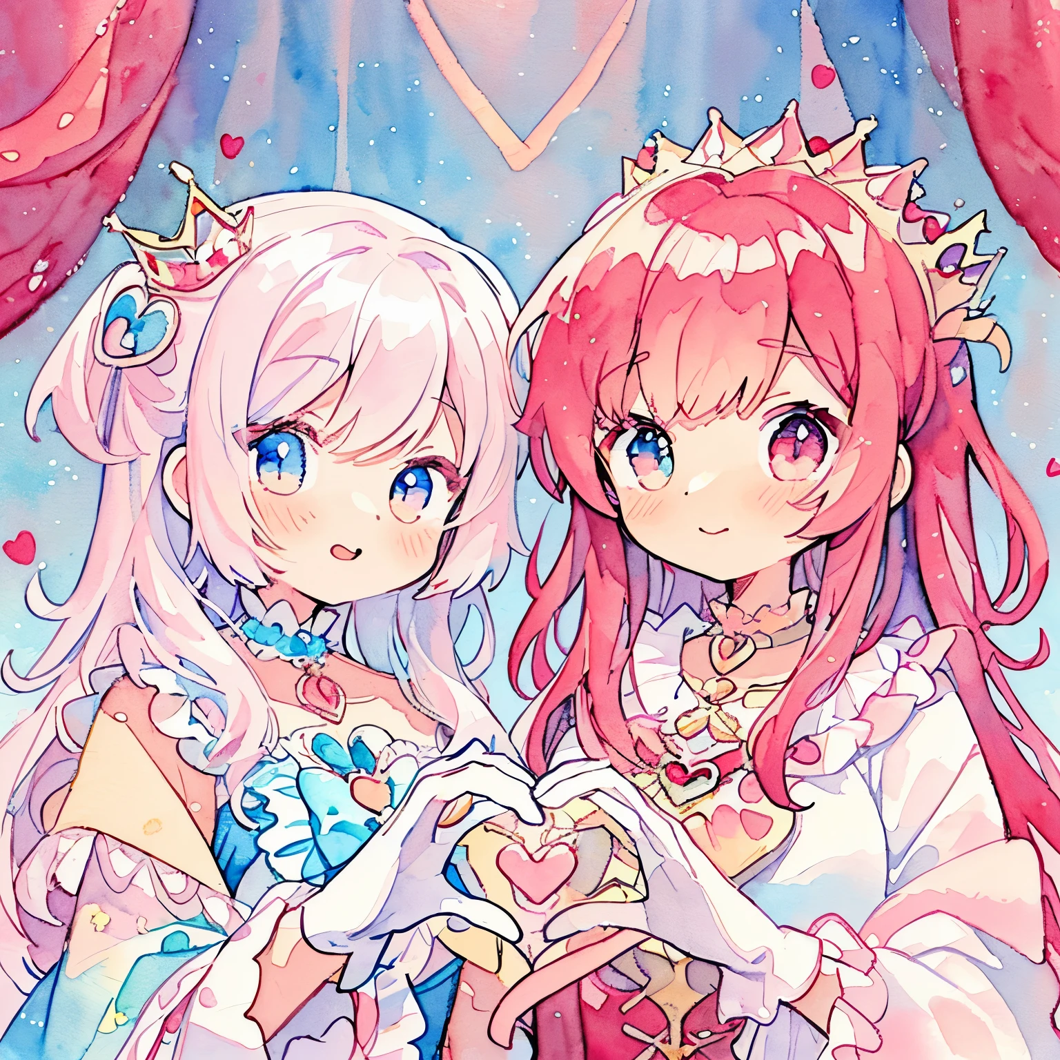 (Pastel Color: 1.5), (Cute Illustration: 1.5), (Watercolor: 1.2), one girl, White and red wavy hair, dumpling hair, hair in one piece, beautiful hair, cute composition, depth of boundaries, beautiful soft illustration, watercolor style, light red hair, heart many hearts fluffy smile Queen of Hearts Lace Gloves Red Frill Dress Volume One Piece Queen's majesty Red and Pink