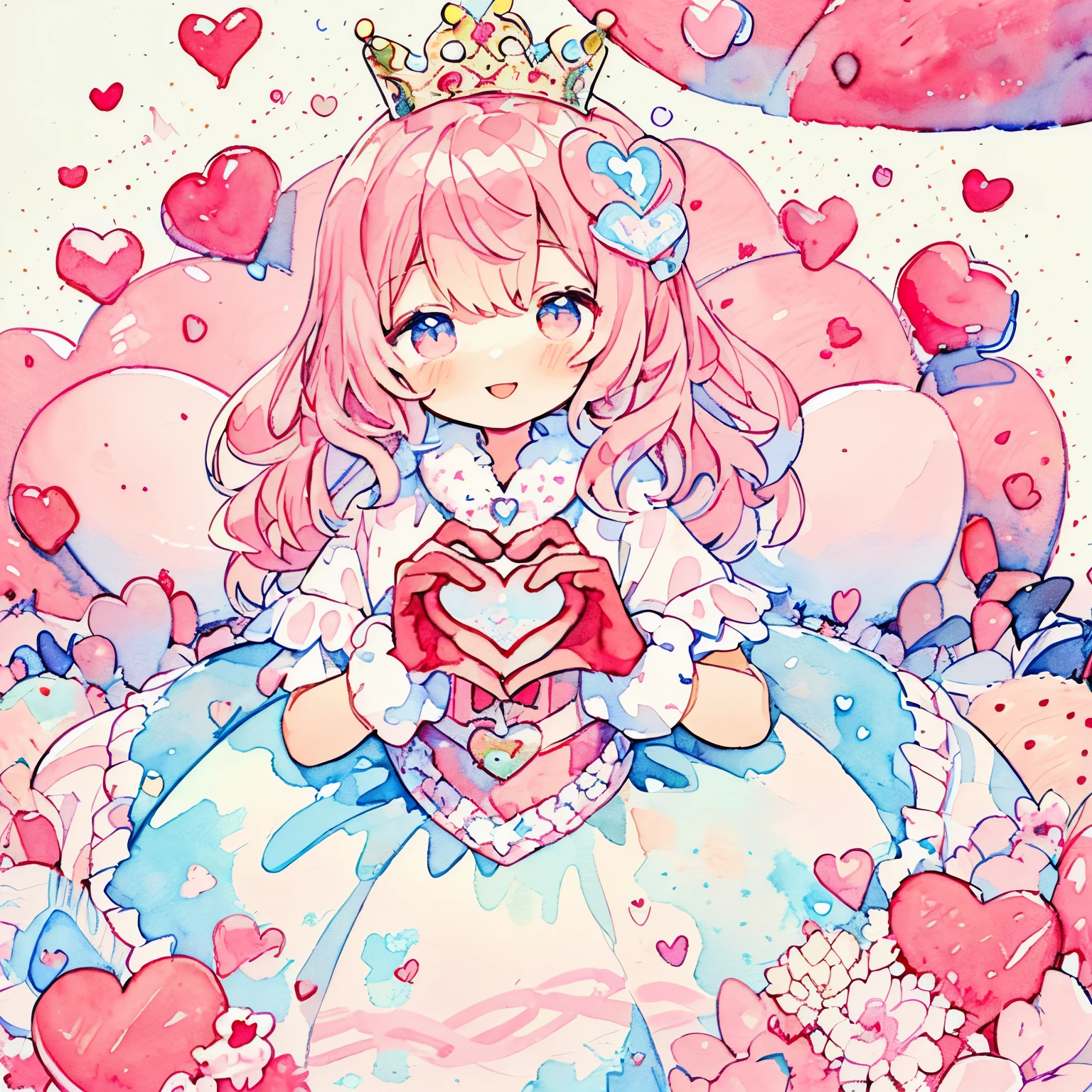 (Pastel Color: 1.5), (Cute Illustration: 1.5), (Watercolor: 1.2), one girl, White and red wavy hair, dumpling hair, hair in one piece, beautiful hair, cute composition, depth of boundaries, beautiful soft illustration, watercolor style, light red hair, heart many hearts fluffy smile Queen of Hearts Lace Gloves Red Frill Dress Volume One Piece Queen's majesty Red and Pink