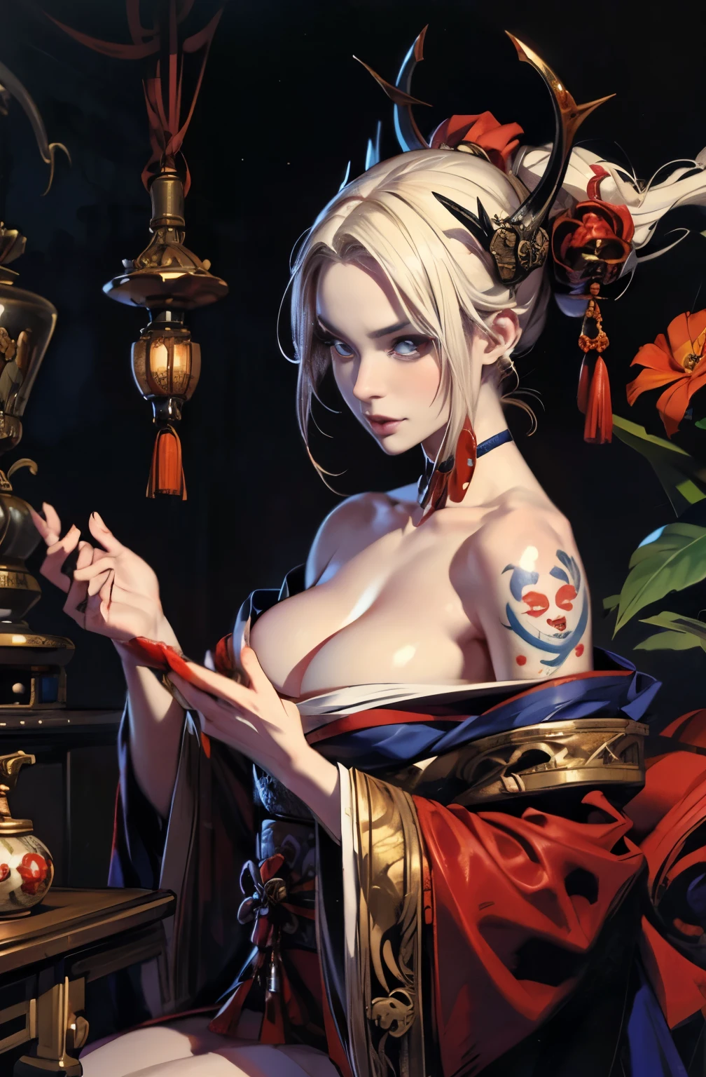beautiful demon painting, Demon woman with a sword, strong female samurai, mouth with fangs, gambling, platinum blonde demon, Beautiful red kimono, Oiran, highest ranking woman, wideの主, Ghost Girl, Female Yakuza, Doji Ibaraki, Sake Drinker Doji, Inspired by Chen Yifei, Inspired by Francesco Hayez, Inspired by Hendrik Terbruggen, Jean=Works that influenced Auguste Dominique Ingres, Inspired by Liu Jun, Jean=Works that influenced Auguste Dominique Ingres, highest quality, perfect angle, perfect composition, best shot, official art, cinematic light, figurative art, Beautiful and expressive paintings, Beautiful artwork illustration, wonderful, cool beauty, clear, Mysterious, highest quality, official art, perfect composition,perfect angle, best shot, women only, sharp outline, pretty much beautiful face, demon of kyoto, Lord of Chimi-Mourou, A ruthless demon woman, demon queen, Female Yakuza, full body tattoo, wide, Rashomon