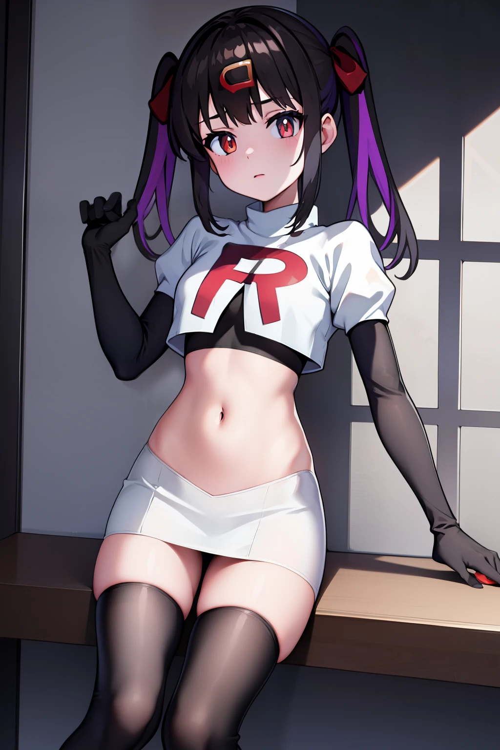 mihari_olis, 1girl, solo, red shirt, team rocket,team rocket uniform,white skirt,crop top,black thigh-highs,black elbow gloves