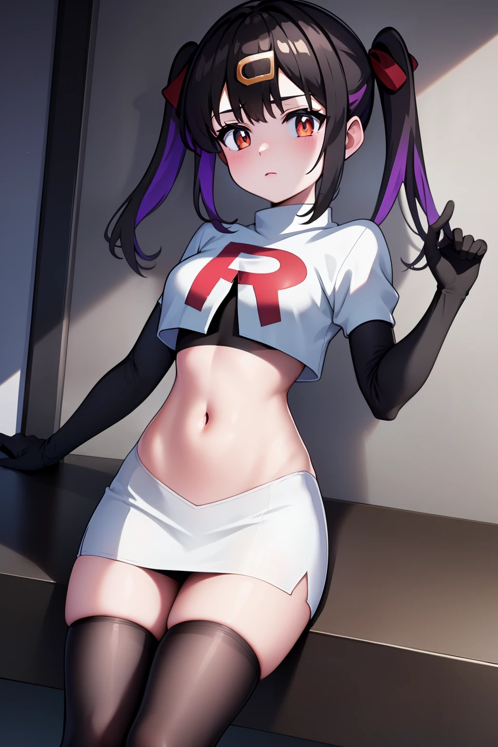 mihari_olis, 1girl, solo, red shirt, team rocket,team rocket uniform,white skirt,crop top,black thigh-highs,black elbow gloves