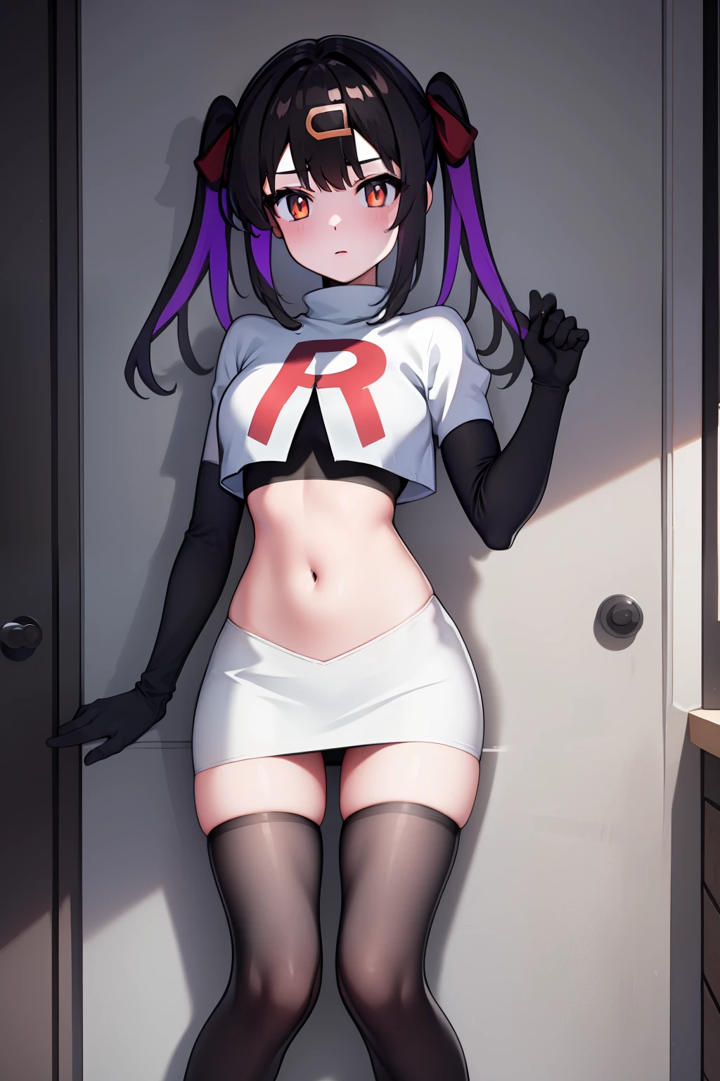 mihari_olis, 1girl, solo, red shirt, team rocket,team rocket uniform,white skirt,crop top,black thigh-highs,black elbow gloves