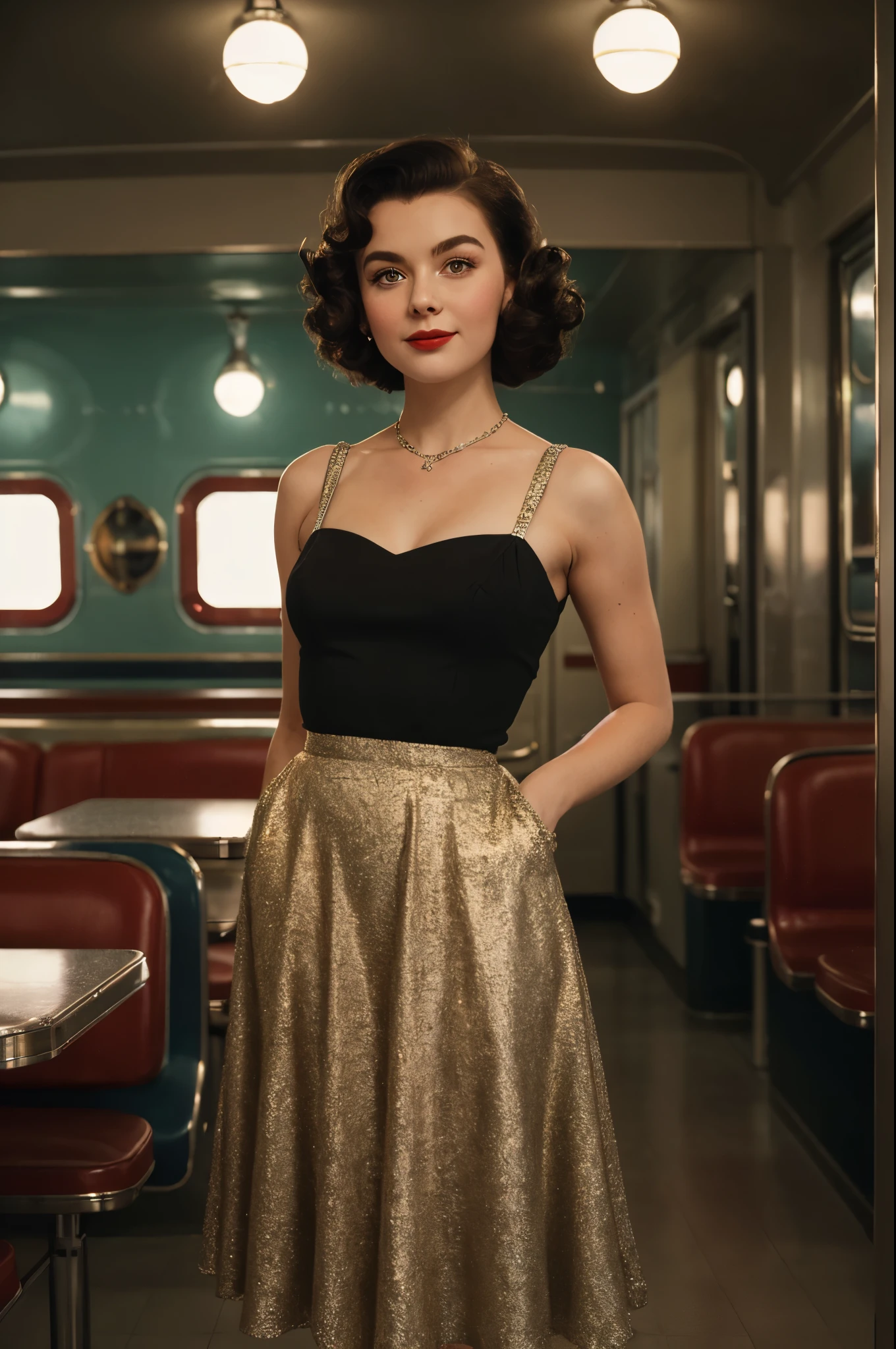 1girl dressed in a 1950s-inspired dress, complete with a full skirt and petticoat, her hair styled in classic pin curls. She should be seated at an old-fashioned diner, surrounded by vintage details like a jukebox, chrome accents, and neon signs. Her eyes should be sparkling with excitement, her skin flawless and glowing under the soft, dramatic lighting. (full body:1.5), photorealistic, 8k, This scene should be captured on 35mm film, with a beautiful depth of field and a slightly blurry, nostalgic background, filmg,