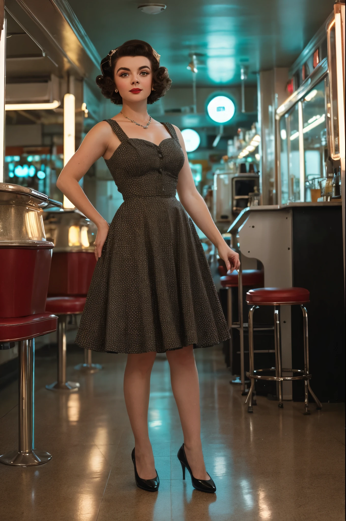 1girl dressed in a 1950s-inspired dress, complete with a full skirt and petticoat, her hair styled in classic pin curls. She should be seated at an old-fashioned diner, surrounded by vintage details like a jukebox, chrome accents, and neon signs. Her eyes should be sparkling with excitement, her skin flawless and glowing under the soft, dramatic lighting. (full body:1.5), photorealistic, 8k, This scene should be captured on 35mm film, with a beautiful depth of field and a slightly blurry, nostalgic background, filmg,