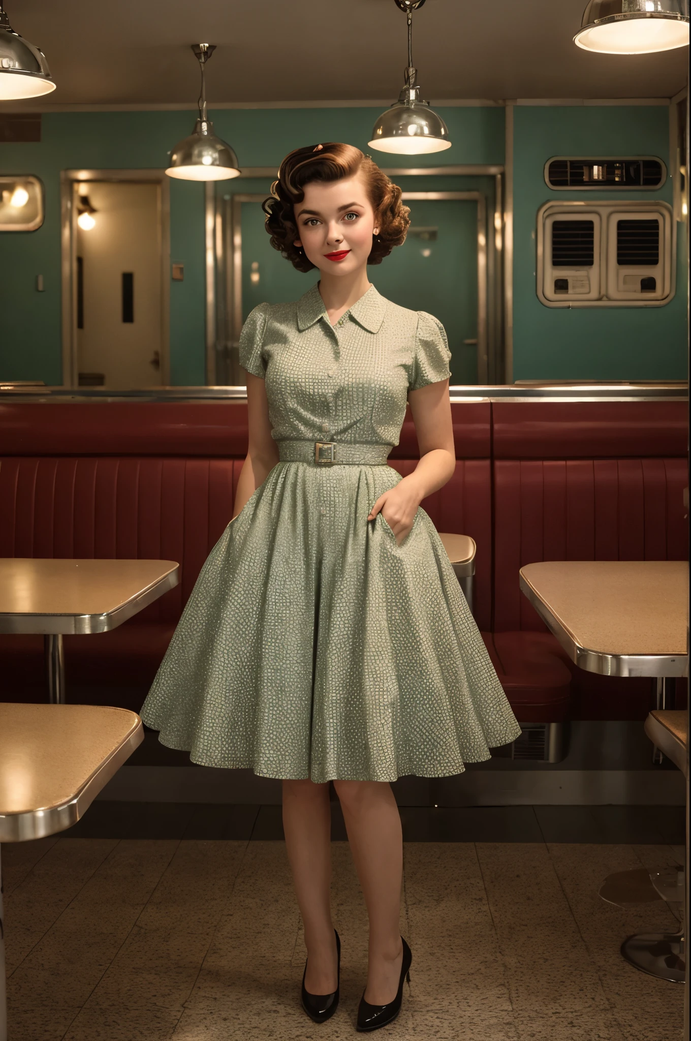 1girl dressed in a 1950s-inspired dress, complete with a full skirt and petticoat, her hair styled in classic pin curls. She should be seated at an old-fashioned diner, surrounded by vintage details like a jukebox, chrome accents, and neon signs. Her eyes should be sparkling with excitement, her skin flawless and glowing under the soft, dramatic lighting. (full body:1.5), photorealistic, 8k, This scene should be captured on 35mm film, with a beautiful depth of field and a slightly blurry, nostalgic background, filmg,