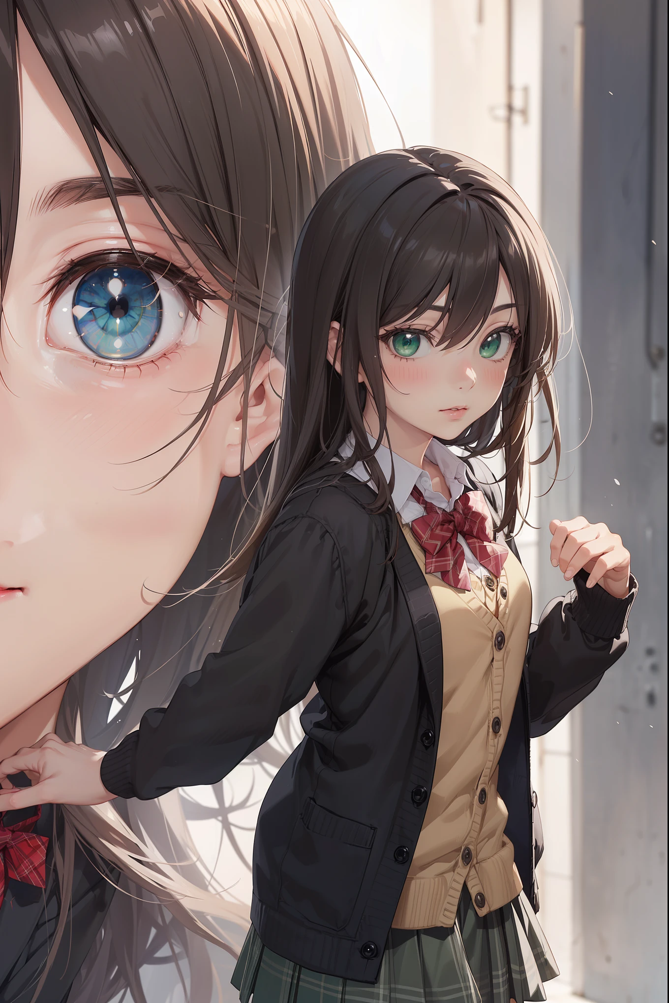 ((Masterpiece, Top Quality, High Resolution, UHD, Perfect Pixel, Depth of Field, 8k, RTX, HDR)), 1 Girl, Single, Solo, Beautiful Anime Girl, Beautiful Art Style, Last Boss Anime Character, ((Long Hair, Bangs, Brown Hair, Curly Hair: 0.5)), ((Green Eyes: 1.4, Round eyes, Beautiful eyelashes, Realistic eyes))), ((Detailed face, Blush: 1.2))), ((Smooth texture: 0.75, Realistic texture: 0.65, Photorealistic: 1.1, Anime CG style)), Dynamic angles, Perfect body, ((Portrait, Hamedori)), ((Red Bow Tie, School Uniform, Black Jacket, Open Jacket, Brown Cardigan, White Shirt, Black Skirt, Plaid Skirt))), Ridicule, Mocking, Tiny, Small Last Boss, Cute, Crazy Cute Last Boss