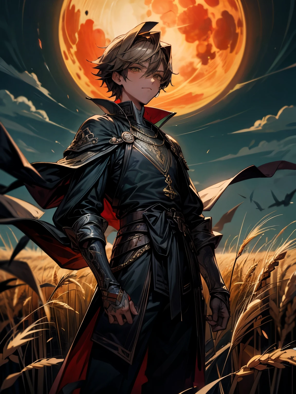 Gere uma imagem de um personagem com os seguintes atributos: ((melhor qualidade)), ((1 PERSONAGEM)). Rapaz adolescente ((HOMEM)), cabelos curtos, ondulados e cor de trigo, amber eyes, vestindo uma armadura preta coberta por um manto verde. Black sky lit by a crimson moon, wheat field with swords stuck in the ground, manga style