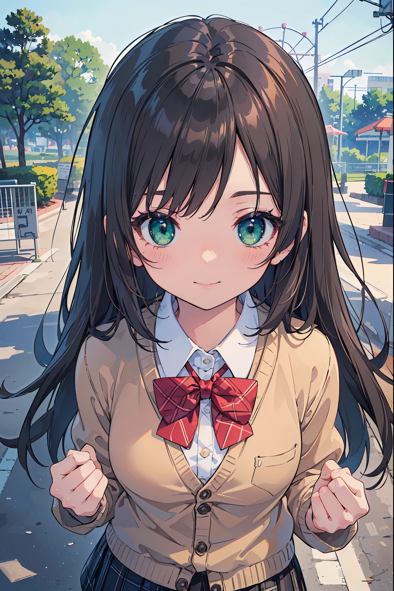 ((masterpiece, best quality, highres, UHD, perfect pixel, depth of field, 4k, RTX, HDR))), 1girl, single, solo, beautiful anime girl, beautiful artstyle, anime character, ((long hair, bangs, brown hair, curly hair:0.5)), ((green eyes:1.4, rounded eyes, beautiful eyelashes, realistic eyes)), ((detailed face, blushing:1.2)), ((smooth texture:0.75, realistic texture:0.65, photorealistic:1.1, anime CG style)), medium breasts, dynamic angle, perfect body, ((portrait, pov)), ((red bowtie, school uniform, black jacket, open jacket, brown cardigan, white shirt, black skirt, plaid skirt)), smile, hands up, amusement park