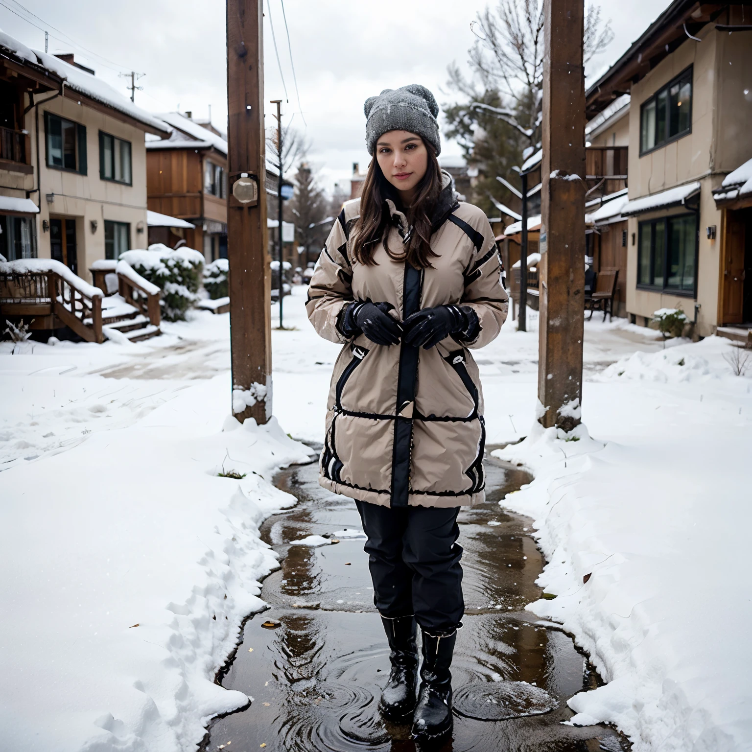 "Vestida com um manto de inverno, it exudes elegance and comfort in the snow. Wrapped in a luxurious coat that gently hugs your body, It stands out with style and protection against the biting cold. Matching gloves protect her hands as she ventures through the snowy landscape. Durable winter pants provide warmth and mobility, while your stylish boots keep your feet comfortable and dry. A cap adorns your head, adicionando um toque charmoso ao visual, e um cachecol aconchegante completa o conjunto, criando uma imagem de moda que combina perfeitamente com a beleza serena da paisagem invernal."