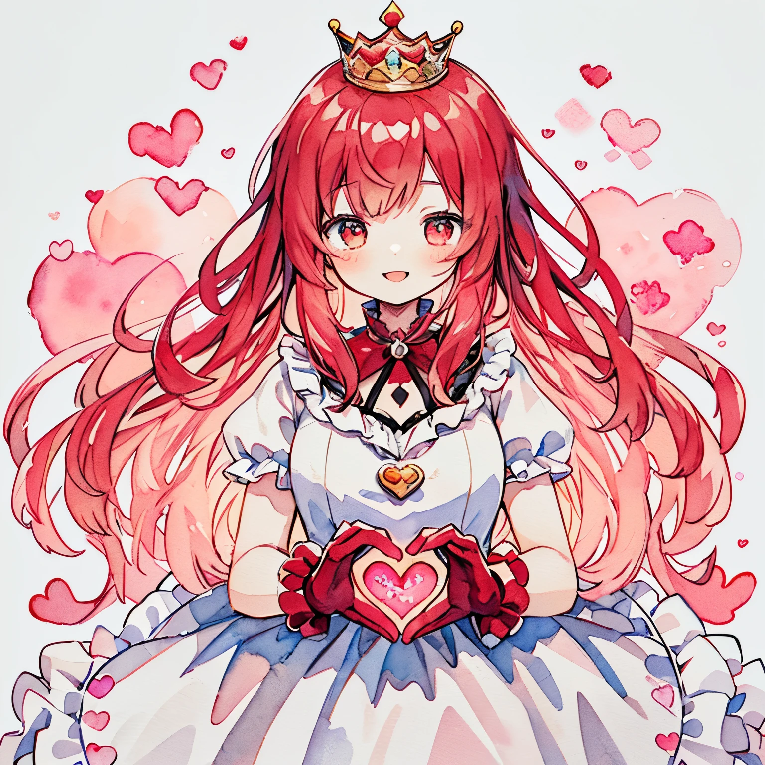 one girl, White and red wavy hair, dumpling hair, hair in one piece, beautiful hair, cute composition, depth of boundaries, beautiful soft illustration, watercolor style, light red hair, heart many hearts fluffy smile Queen of Hearts Lace Gloves Red Frill Dress Volume One Piece Queen's majesty Red and Pink