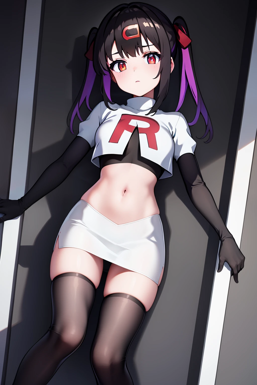 mihari_olis, 1girl, solo, red shirt, team rocket,team rocket uniform,white skirt,crop top,black thigh-highs,black elbow gloves