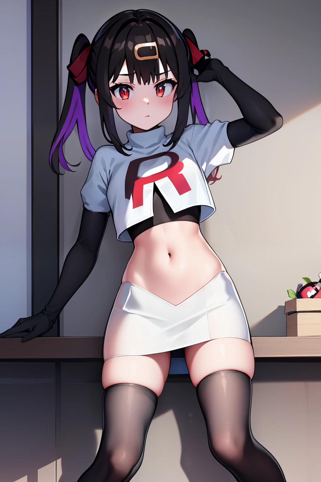 mihari_olis, 1girl, solo, red shirt, team rocket,team rocket uniform,white skirt,crop top,black thigh-highs,black elbow gloves