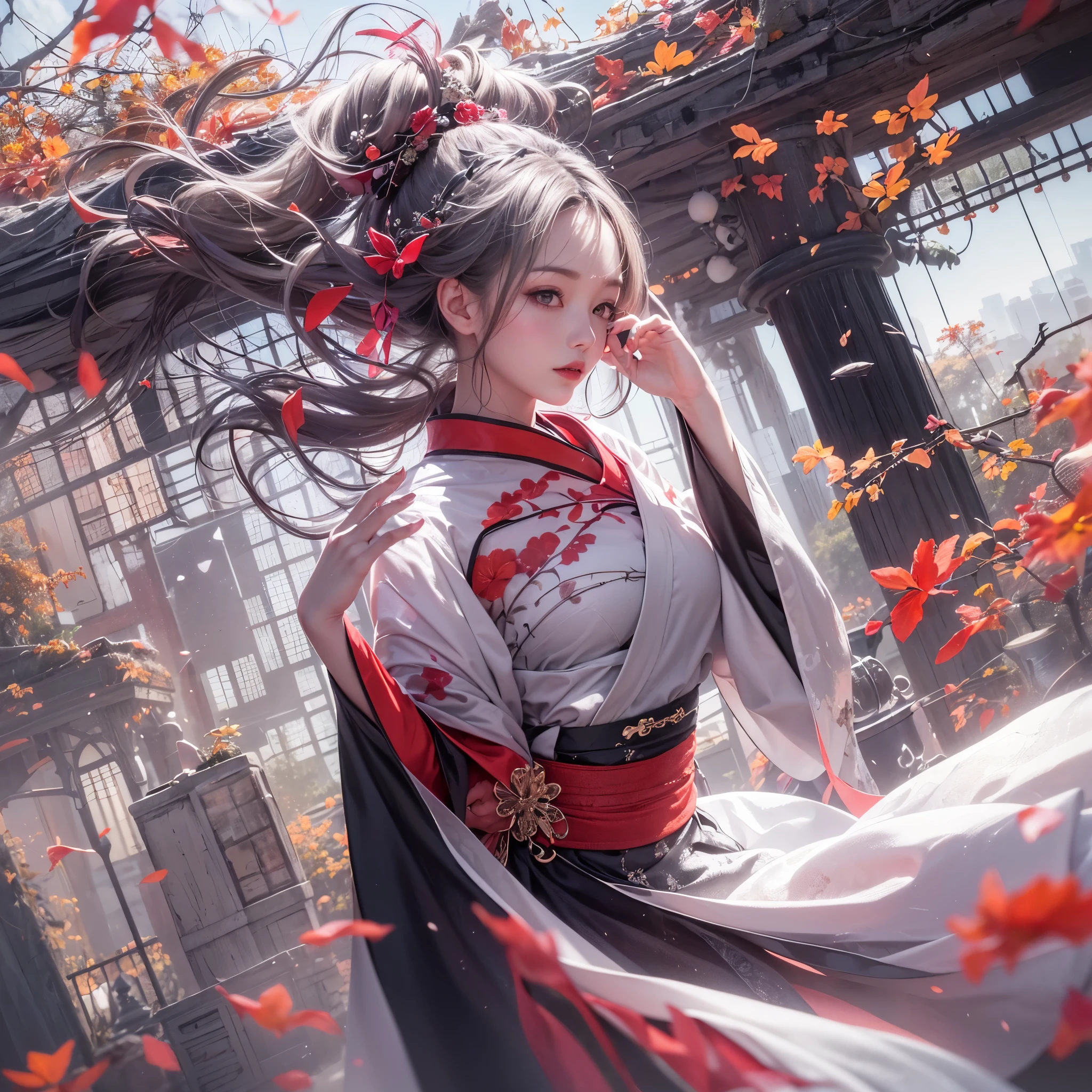 super high quality, masterpiece, Perfect illustration, Extreme details (Exquisite light and shadow, Dramatic graphics,) medium wind, 1 girl, alone, (wear red, black and white Hanfu,) flower field, flowers, (White smoke:1.3) (actual:1.4), zen entanglement, tangled, V-neck, huge breasts, Upper body, official art, unified 8k wallpaper, super detailed, Beautiful and beautiful, masterpiece, best quality, (dynamic angle: 1.4), glowing skin, (floating colorful glitter: 1) The most beautiful form of chaos, elegant, brutalist design, bright colors, Romantic depth of field_dance, half_naked