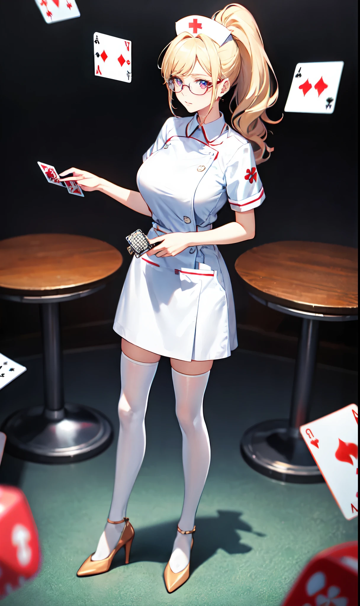 hospital background,Playing card decoration,Long light blonde hair,Standing close-up,dream world,Sister nurse,(glasses),High ponytail,Messy hair,Elongated danphoenix eyes,(white nurse,Handheld dolls,Bunny doll：2.0),(big breast)Background of poker decoration,(A ward filled with poker：1.9),Gentle and sickly nurse sister,white stockings,High heel,Detailedly drawn backgrounds