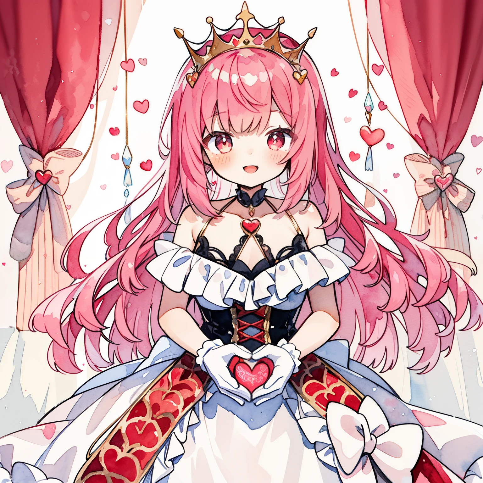 one girl, White and red wavy hair, dumpling hair, hair in one piece, beautiful hair, cute composition, depth of boundaries, beautiful soft illustration, watercolor style, light red hair, heart many hearts fluffy smile Queen of Hearts Lace Gloves Red Frill Dress Volume One Piece Queen's majesty Red and Pink