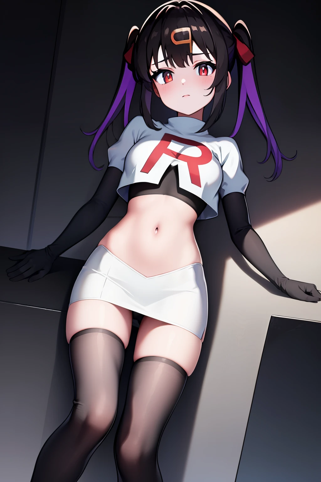 mihari_olis, 1girl, solo, red shirt, team rocket,team rocket uniform,white skirt,crop top,black thigh-highs,black elbow gloves