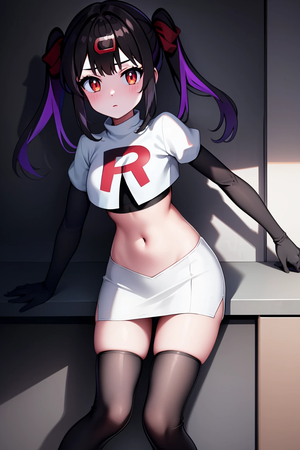 mihari_olis, 1girl, solo, red shirt, team rocket,team rocket uniform,white skirt,crop top,black thigh-highs,black elbow gloves