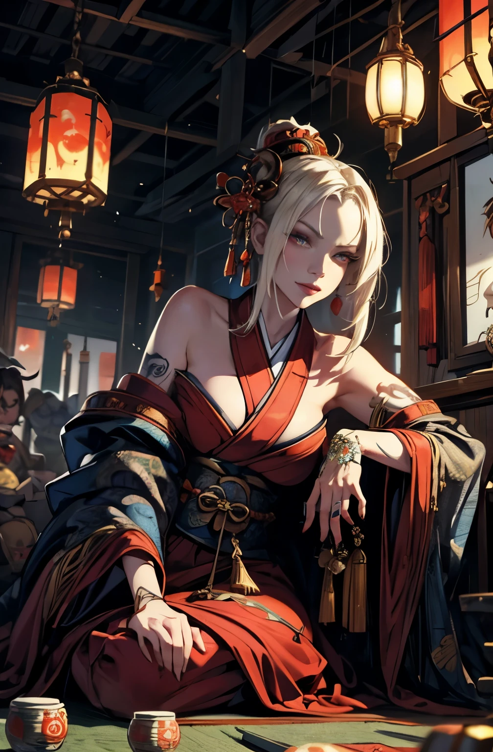 beautiful female samurai painting, 太knifeを持った鬼の女, Suronin, Shura Road, A skilled female swordsman, knife, 妖knife, knife, 長いknife, 赤いknife, knife, knife, knife剣, 抜身のknife, strong female samurai, 2book corner, mouth with fangs, Eyes without pupils, Hyakka Ryōran, Flower of Shura, Lord of Chimi-Mourou, darkness of night, 京の闇を統べるdemon queen, platinum blonde demon, Beautiful red kimono, Female Yakuza, Doji Ibaraki, Shuten Douji, Inspired by Chen Yifei, Inspired by Francesco Hayez, Inspired by Hendrik Terbruggen, Jean=Works that influenced Auguste Dominique Ingres, Inspired by Liu Jun, Jean=Works that influenced Auguste Dominique Ingres, highest quality, perfect angle, perfect composition, The perfect subject, best shot, official art, cinematic light, figurative art, Beautiful and expressive paintings, Beautiful artwork illustration, wonderful, cool beauty, clear, Mysterious, highest quality, official art, perfect composition, perfect angle, best shot, women only, sharp outline, pretty much beautiful face, The demon lurking in the darkness of Kyoto, Lord of Chimi-Mourou, A ruthless demon woman, demon queen, Female Yakuza, full body tattoo, Danbilla, 妖knife, wide, Rashomon