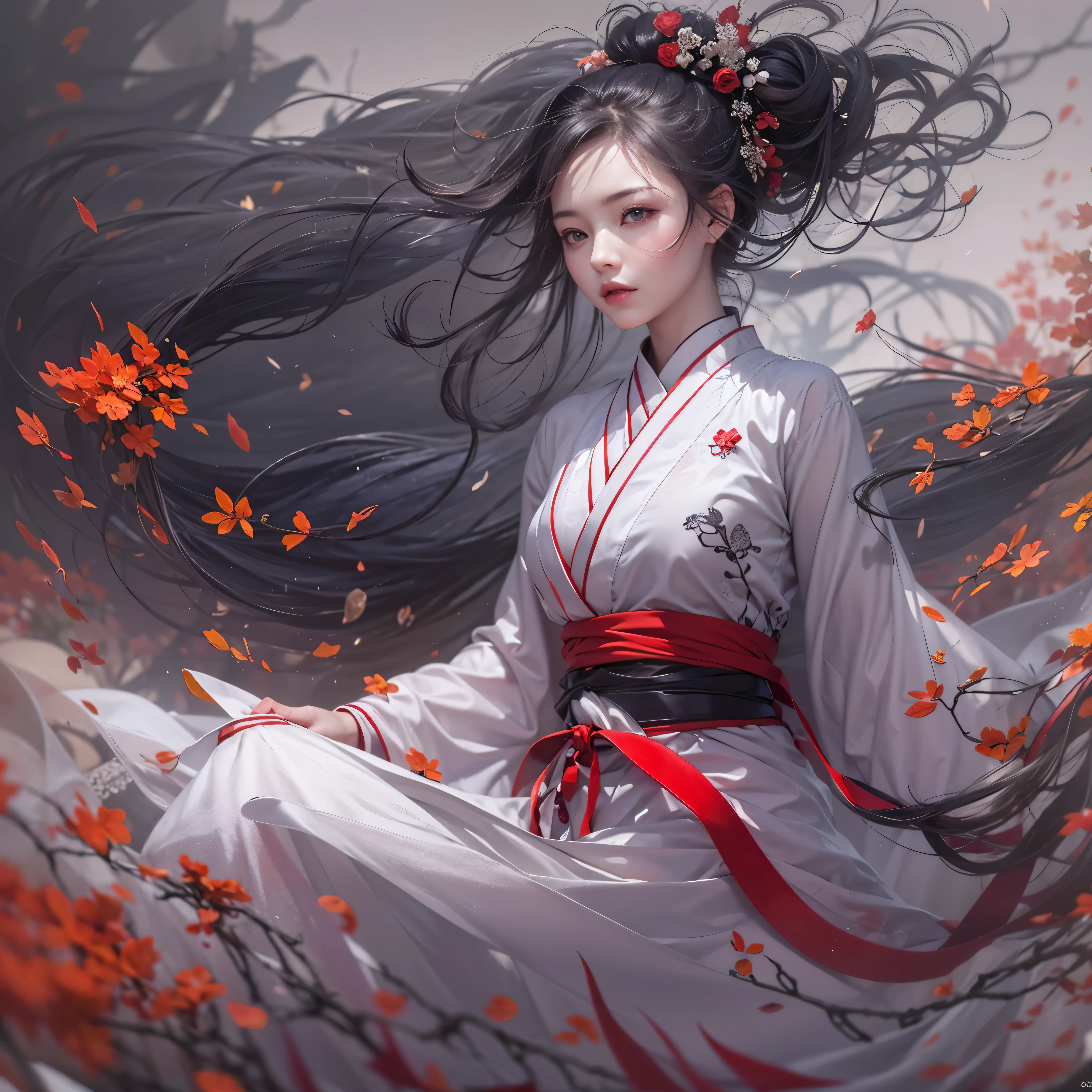 super high quality, masterpiece, Perfect illustration, extreme details (Exquisite light and shadow, Dramatic graphics,) medium wind, 1 girl, alone, (wear red, black and white Hanfu,) flower field, flowers, (White smoke:1.3) (actual:1.4), zen entanglement, tangled, V-neck, huge breasts, Upper body, official art, unified 8k wallpaper, super detailed, Beautiful and beautiful, masterpiece, best quality, (dynamic angle: 1.4), glowing skin, (floating colorful glitter: 1) Chaos in its most beautiful form, elegant, brutalist design, bright colors, romantic depth of field_dance, half_naked