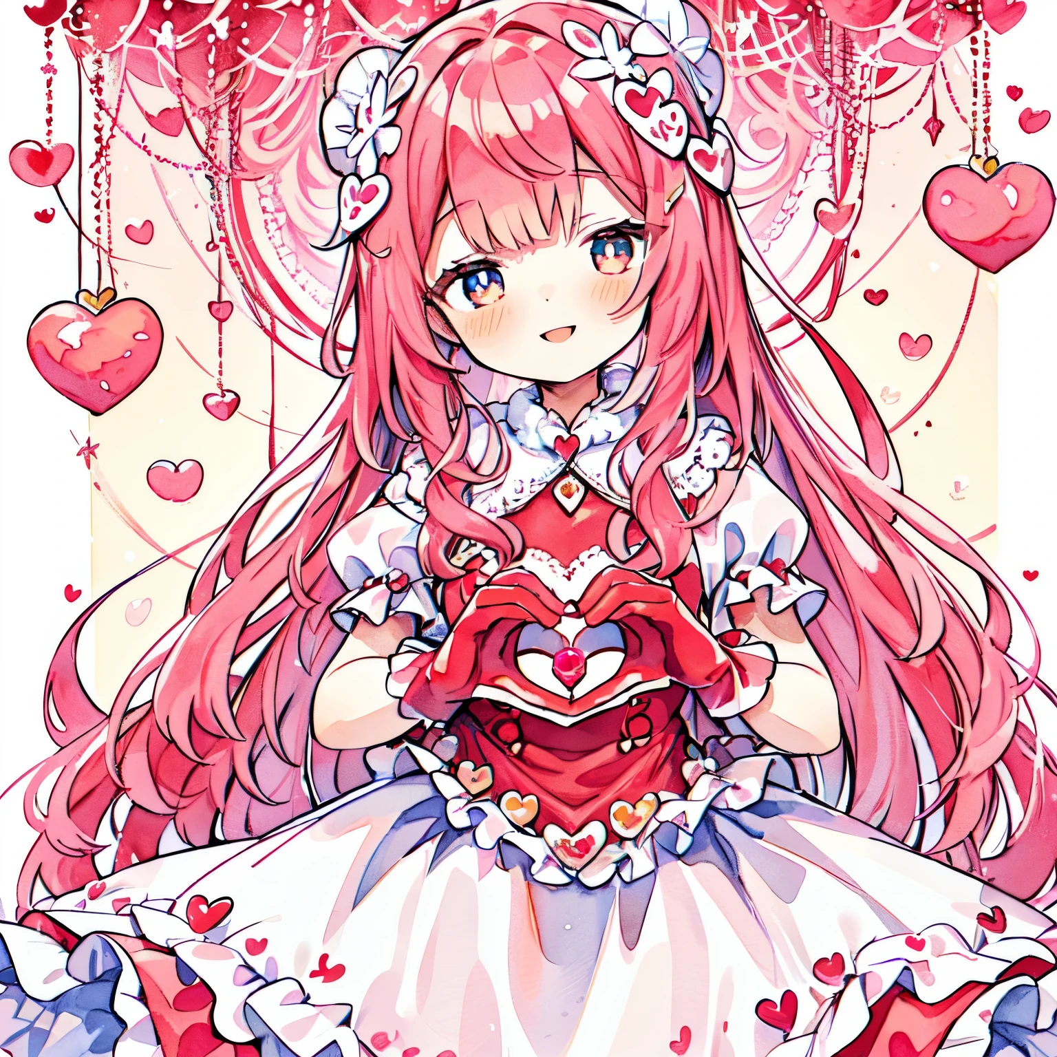 one girl, White and red wavy hair, dumpling hair, hair in one piece, beautiful hair, cute composition, depth of boundaries, beautiful soft illustration, watercolor style, light red hair, heart many hearts fluffy smile Queen of Hearts Lace Gloves Red Frill Dress Volume One Piece Queen's majesty Red and Pink