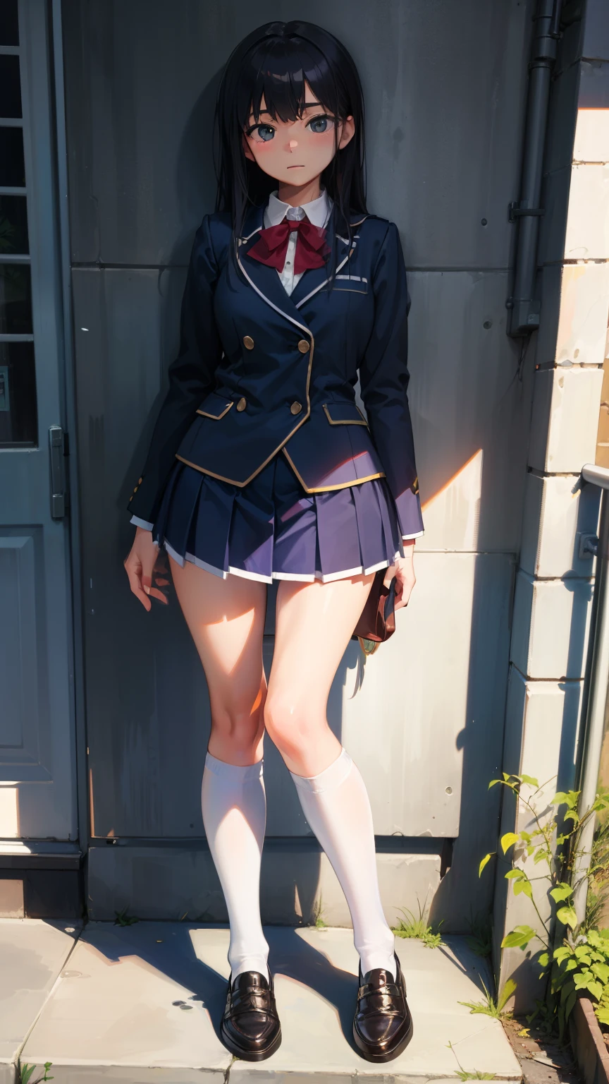highest quality, full body portrait, delicate face, cute face, female, slim body shape, small bust, high school uniform,double skirt suit, white knee high stockings, outdoor scene,soft light on the face,A classic school building visible in the distance