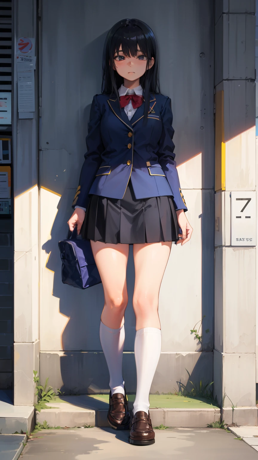 highest quality, full body portrait, delicate face, cute face, 17 year old female, slim body shape, small bust, high school uniform,double skirt suit, white knee high stockings, outdoor scene,soft light on the face,A classic school building visible in the distance