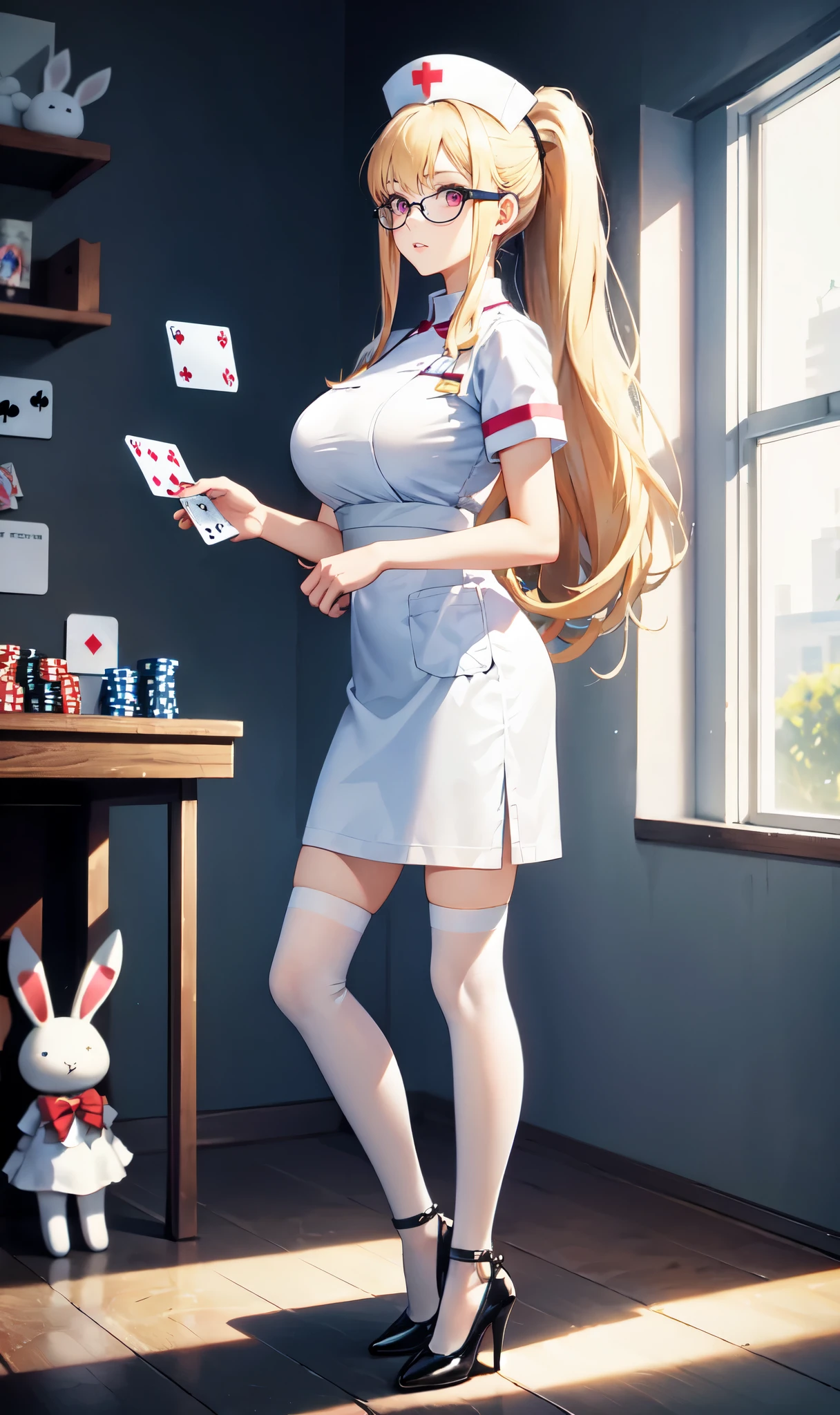 hospital background,Playing card decoration,Long light blonde hair,Standing close-up,dream world,Sister nurse,(glasses),High ponytail,Messy hair,Elongated danphoenix eyes,(white nurse,Handheld dolls,Bunny doll：2.0),(big breast)Background of poker decoration,(A ward filled with poker：1.9),Gentle and sickly nurse sister,white stockings,High heel,Detailedly drawn backgrounds