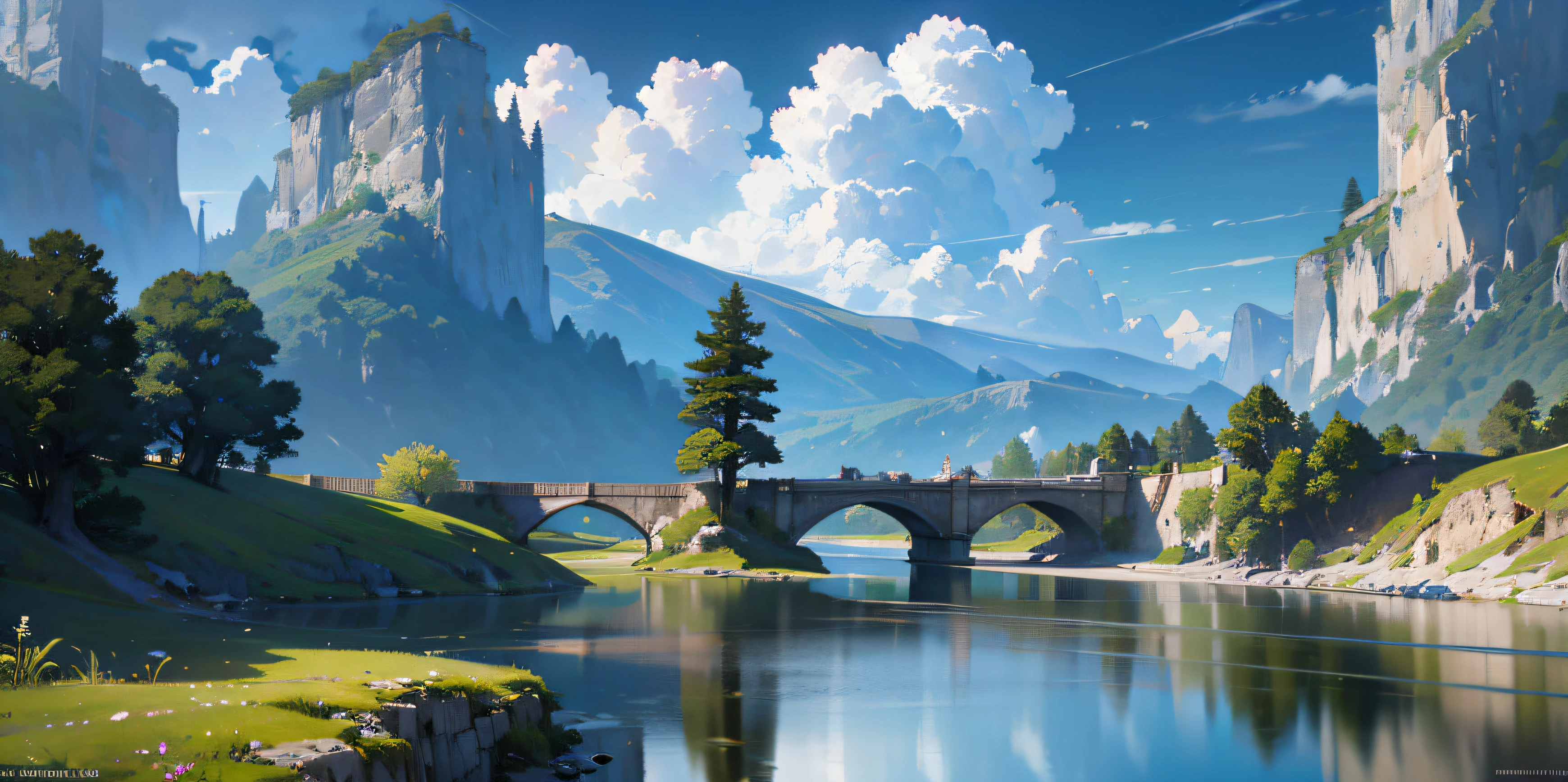 Masterpiece, best quality, high quality, extremely detailed CG unity 8k wallpaper, landscape, outdoor, sky, cloud, sky, no humans, mountain, landscape, water, tree, blue sky, waterfall, cliff, nature, lake, river , cloudy skies, award winning photography, bokeh, depth of field, HDR, bloom, chromatic aberration, photorealism, very detailed, trending on artstation, trending on CGsociety, intricate, high detail, dramatic, midjourney art