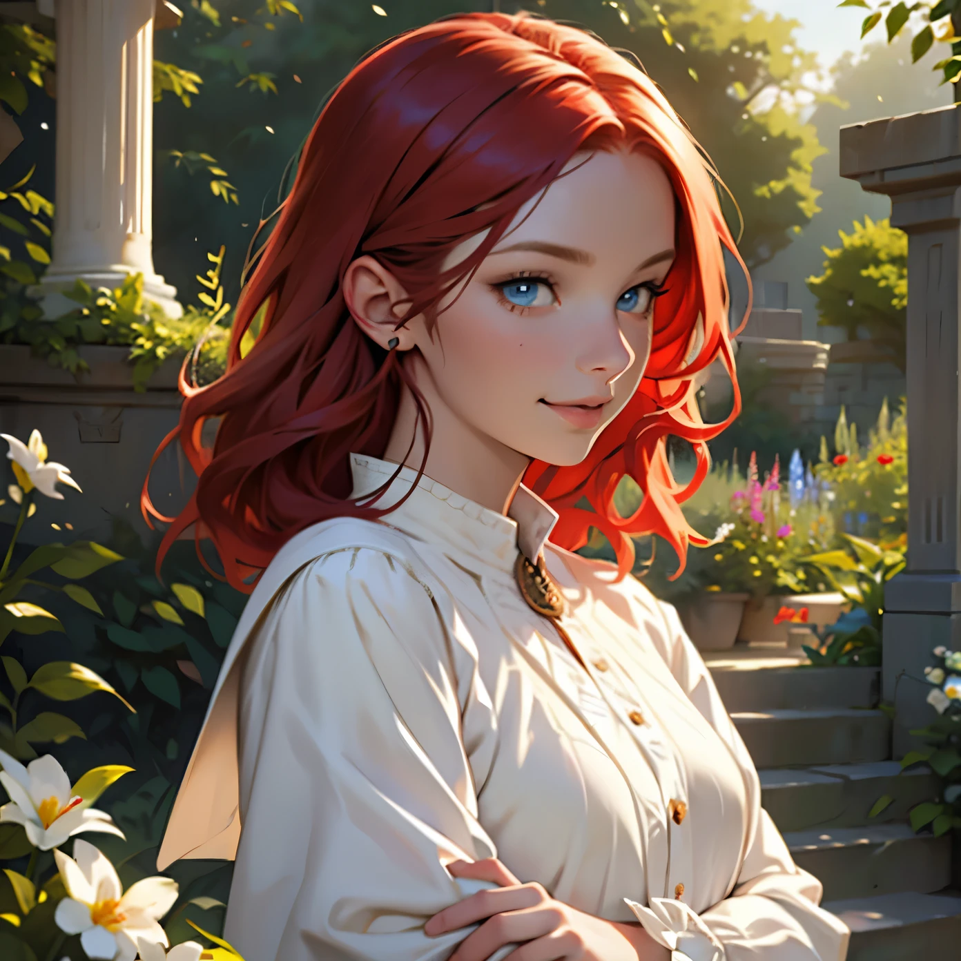 A girl with red hair and blue eyes, wearing noble clothes, with a gentle smile, in a garden environment. (eight :1.8), [vibrant colors], [oil painting], [detailed background], [soft lighting], [high resolution], [elegant atmosphere], [beautifully detailed eyes], [beautifully detailed lips], [long eyelashes], eight