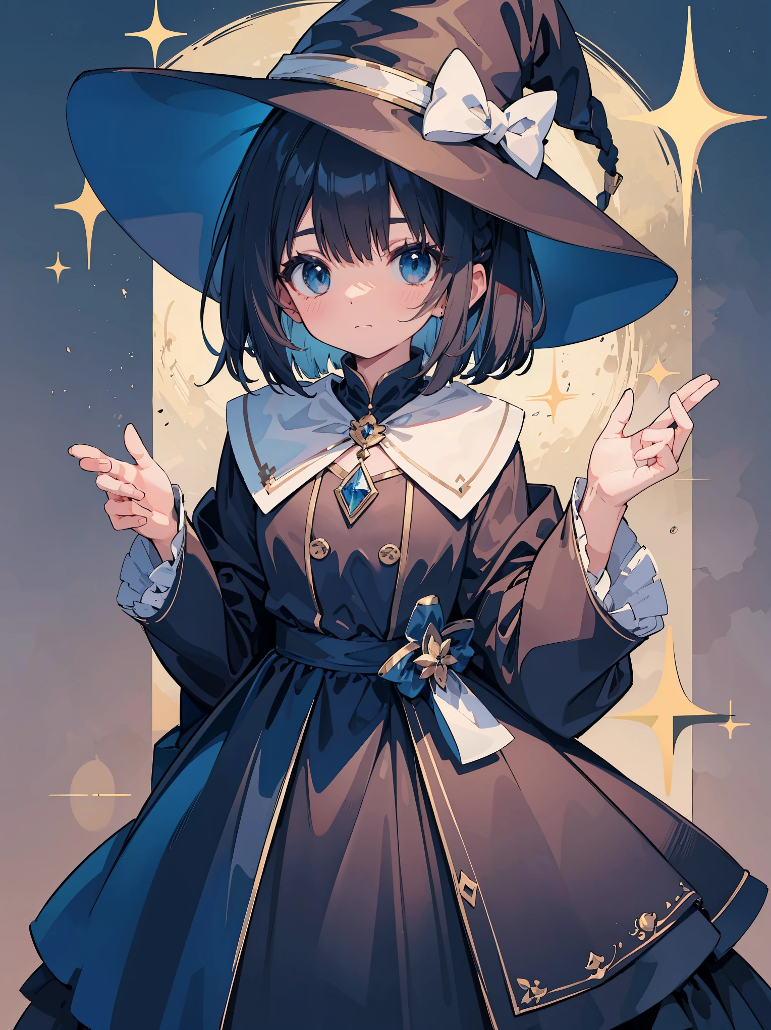 One length bob cut braided black hair，light pink magician hat，dark blue witch，Cute and pretty girl

