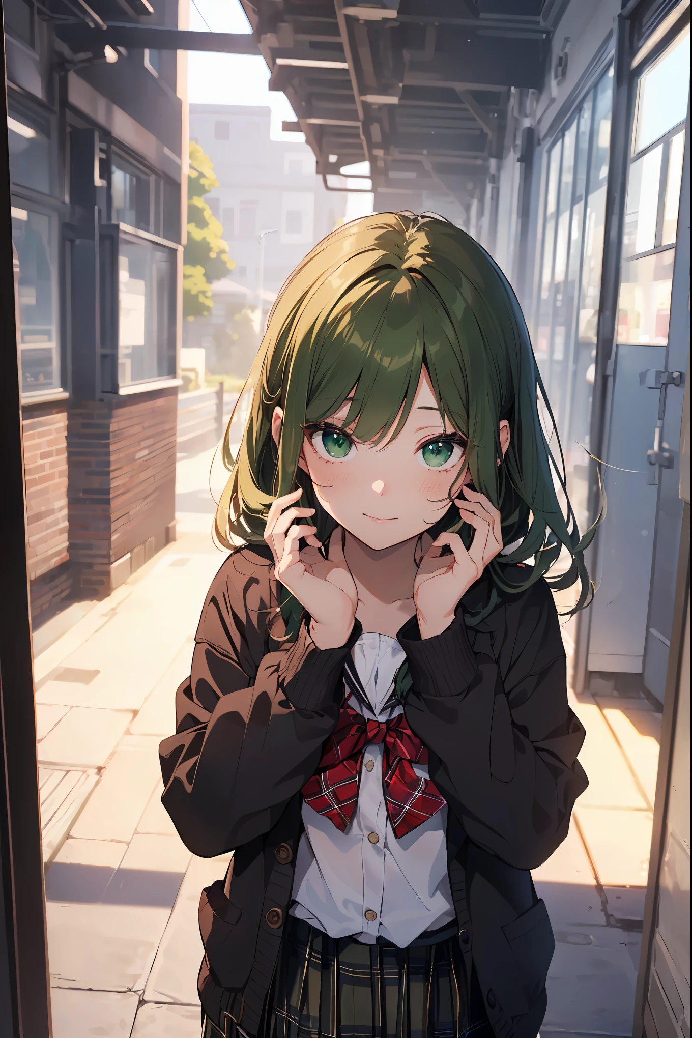 ((masterpiece, best quality, highres, UHD, perfect pixel, depth of field, 4k, RTX, HDR))), 1girl, single, solo, beautiful anime girl, beautiful artstyle, anime character, ((long hair, bangs, brown hair, curly hair:0.5)), ((green eyes:1.4, rounded eyes, beautiful eyelashes, realistic eyes)), ((detailed face, blushing:1.2)), ((smooth texture:0.75, realistic texture:0.65, photorealistic:1.1, anime CG style)), medium breasts, dynamic angle, perfect body, ((portrait, pov)), ((red bowtie, school uniform, black jacket, open jacket, brown cardigan, white shirt, black skirt, plaid skirt)), smile, hands up, amusement park