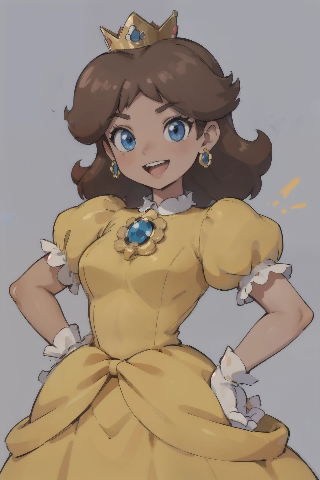 ((high detailed, best quality, 4k, masterpiece, hd:1.3)), dsy, blue eyes, yellow dress, brooch, puffy sleeves, short sleeves, smile, open mouth, energetic, joyful, smooth skin, gloves, earrings, crown, dark tan skin, upper body, close-up, hands on hips